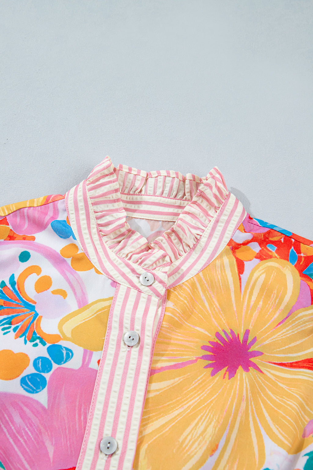 Floral Print Vacation Dress Striped Trim Button Down Short Sleeve Green Pink S-XL