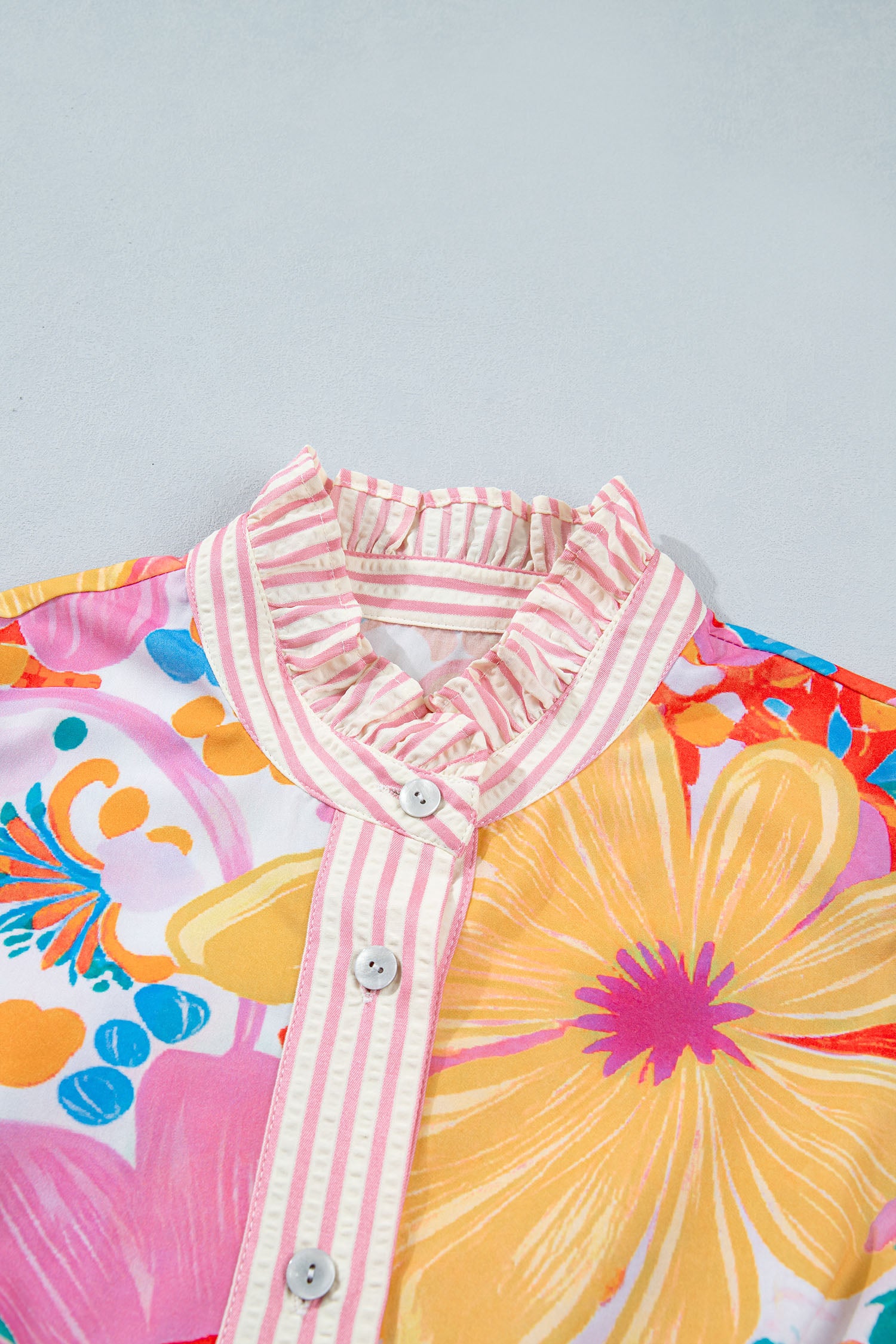 Floral Print Vacation Dress Striped Trim Button Down Short Sleeve Green Pink S-XL