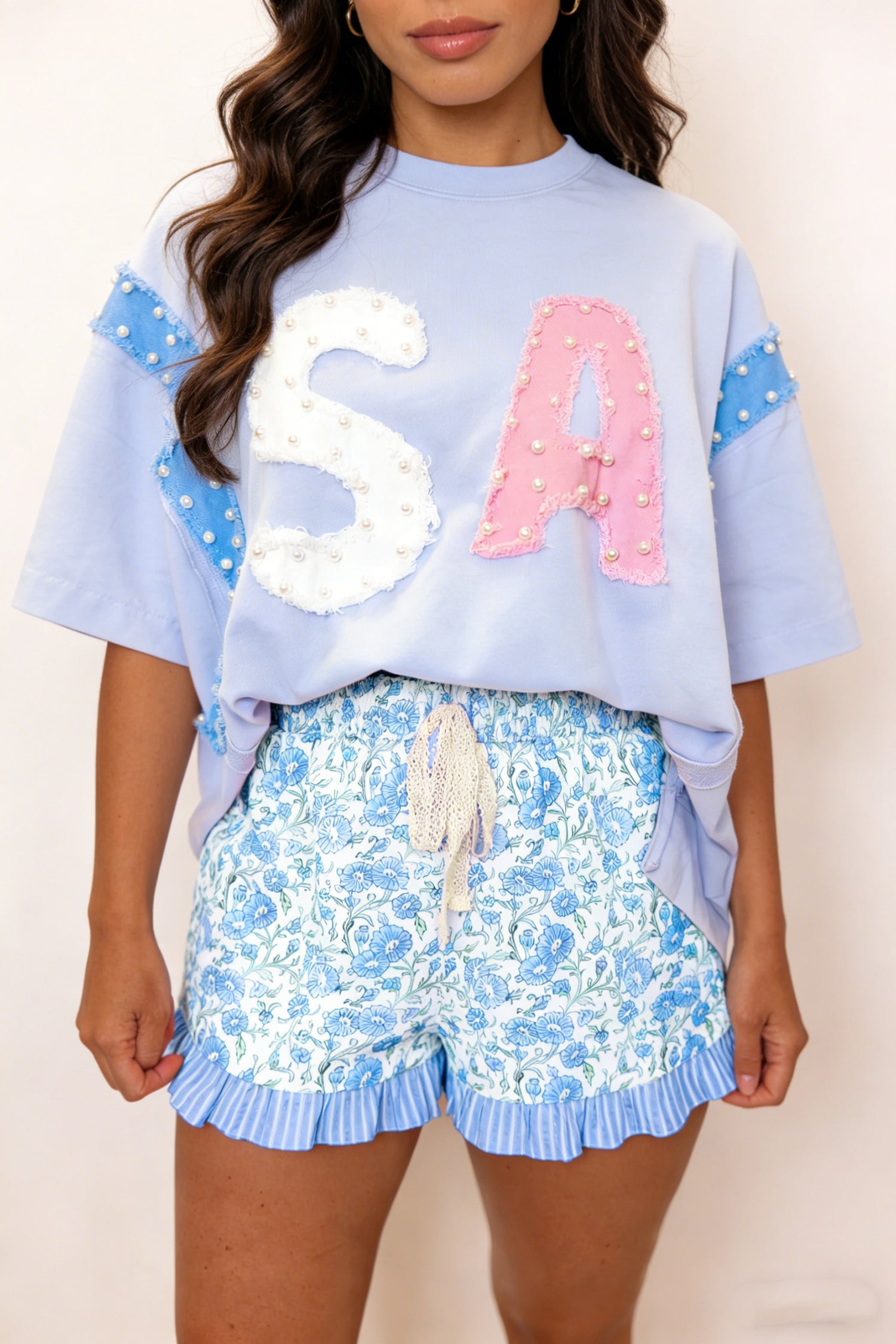 Sky Blue Floral Striped Ruffle Hem Lace Tie Shorts | Sizes 8-22