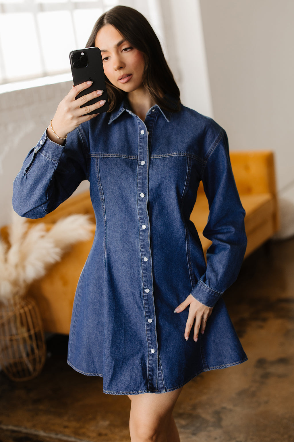 Blue Denim Shirt Collar Long Sleeve Flared Mini Dress | UK 8-22