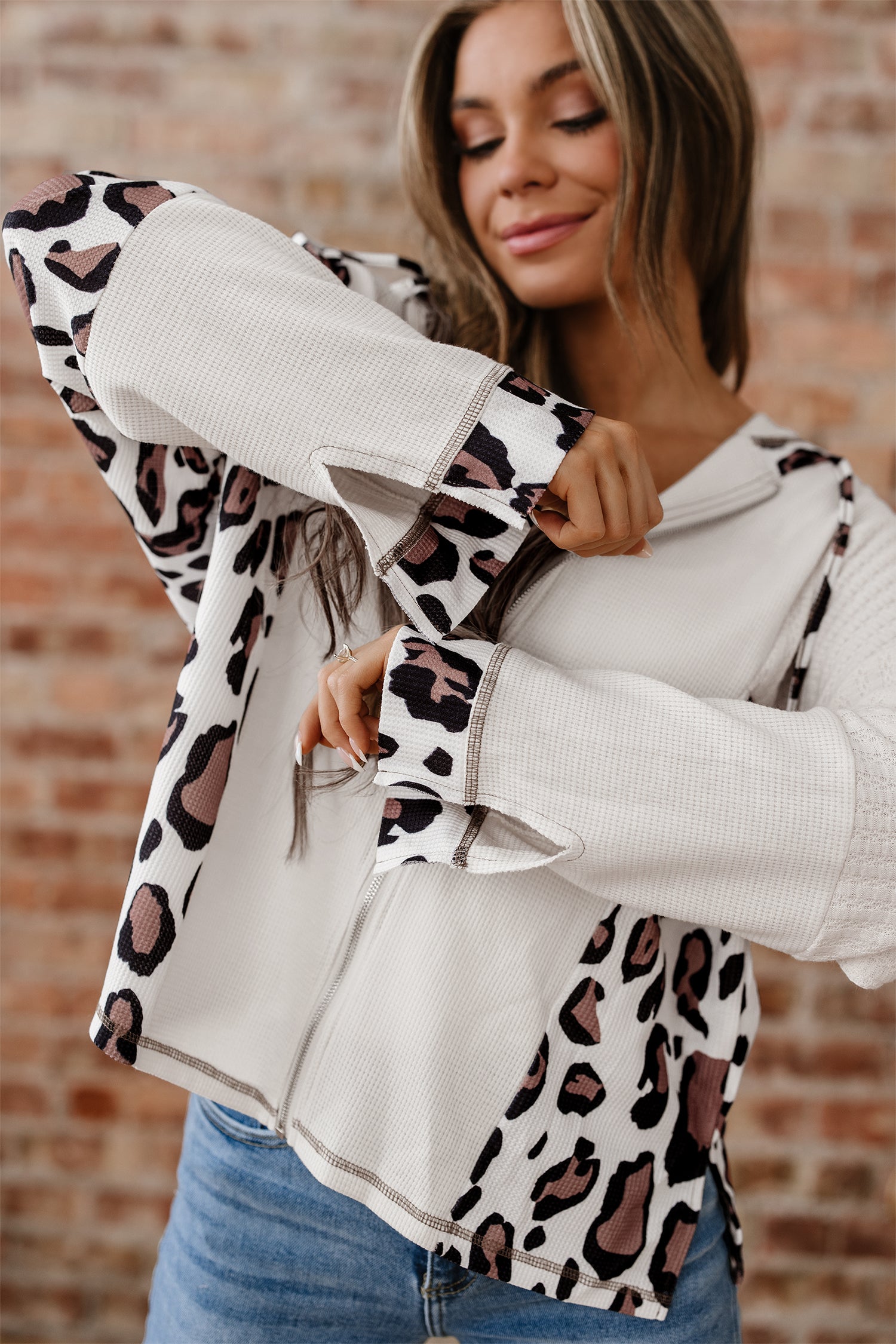 Apricot Leopard Contrast Patchwork Zip Up Drop Shoulder Hoodie