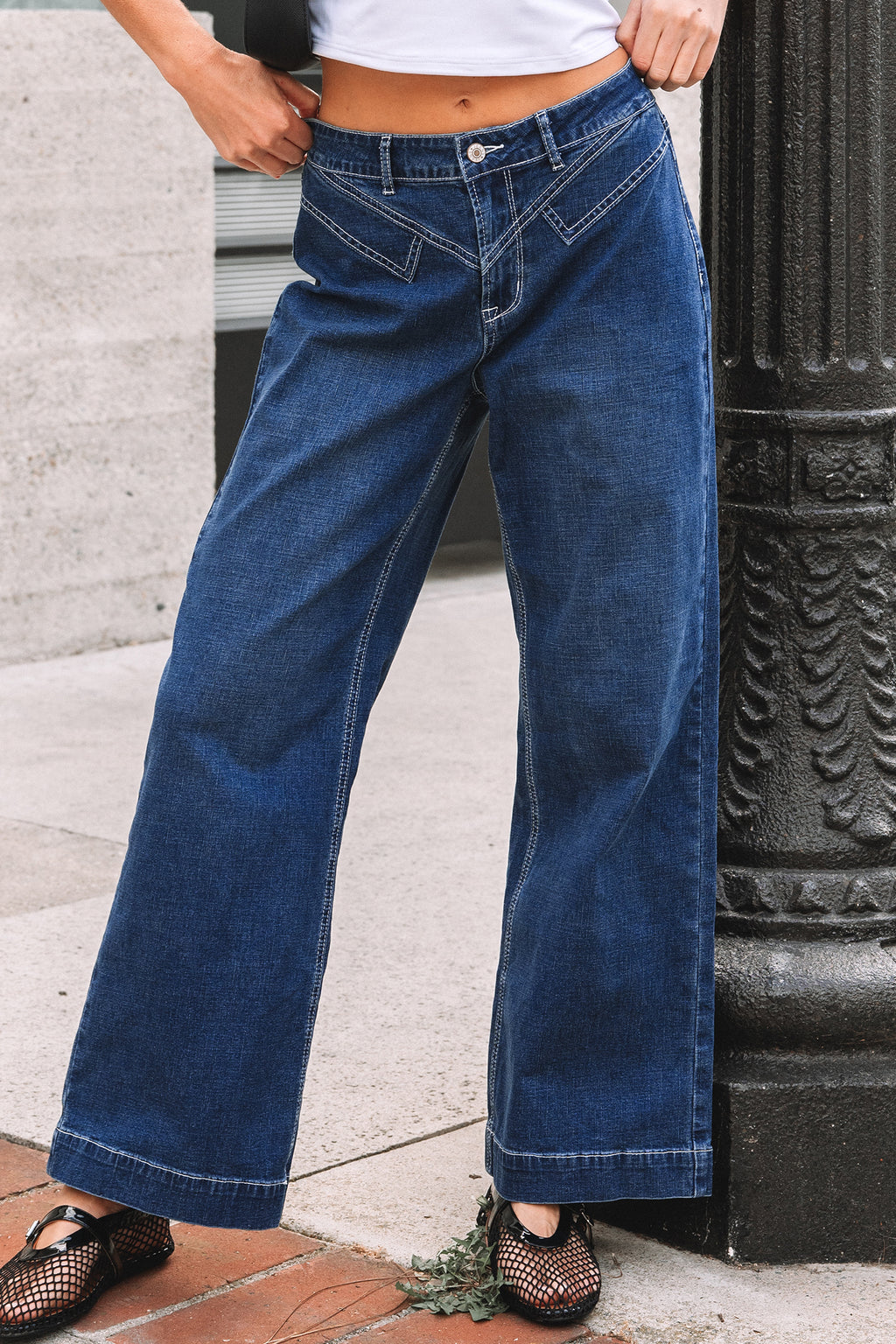 Sail Blue Loose Cuffed Jeans Stitched Waist Detail Women UK 4-16