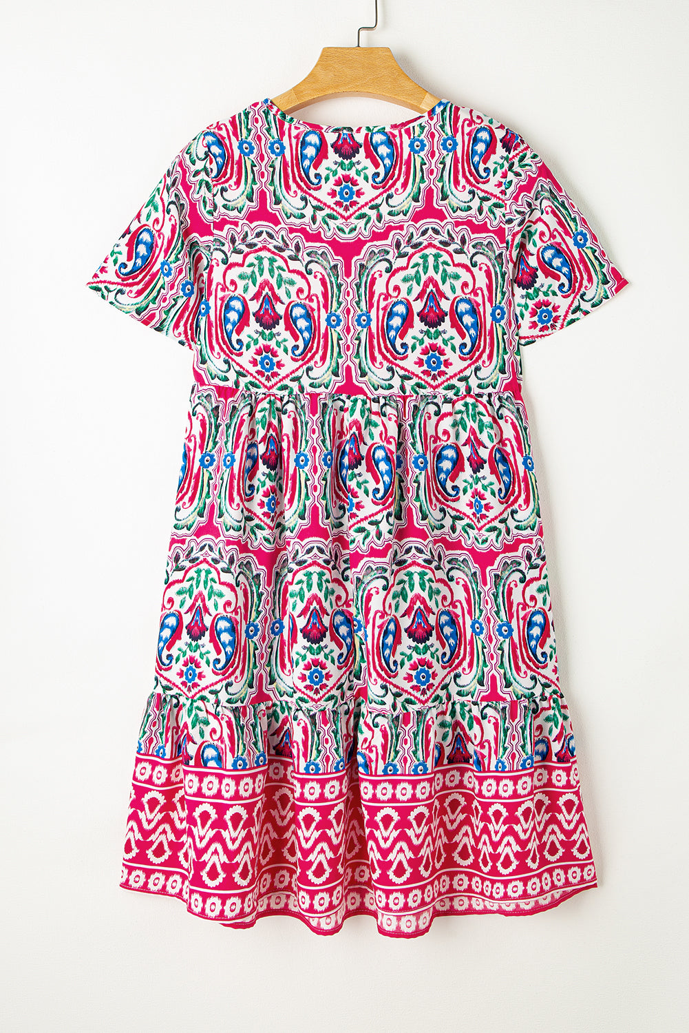 LivelyLooks Pink Boho Print Tie Neck Ruffle Hem Short Dress S-3XL women's fashion