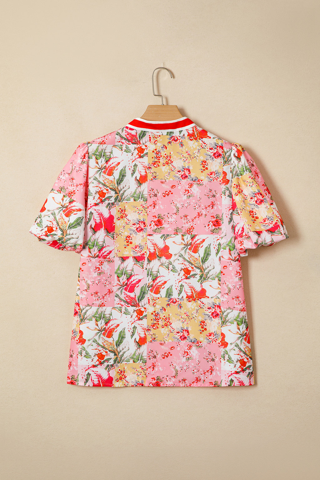 LivelyLooks Pink Contrast Collared V Neck Short Sleeve Floral Blouse women's fashion
