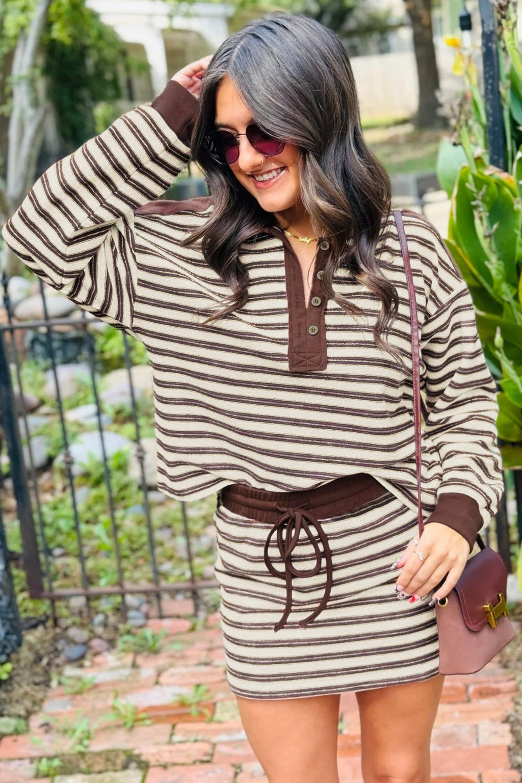 Brown Stripe Contrast Trim Long Sleeve Top & Drawstring Mini Skirt Set | UK 8–22