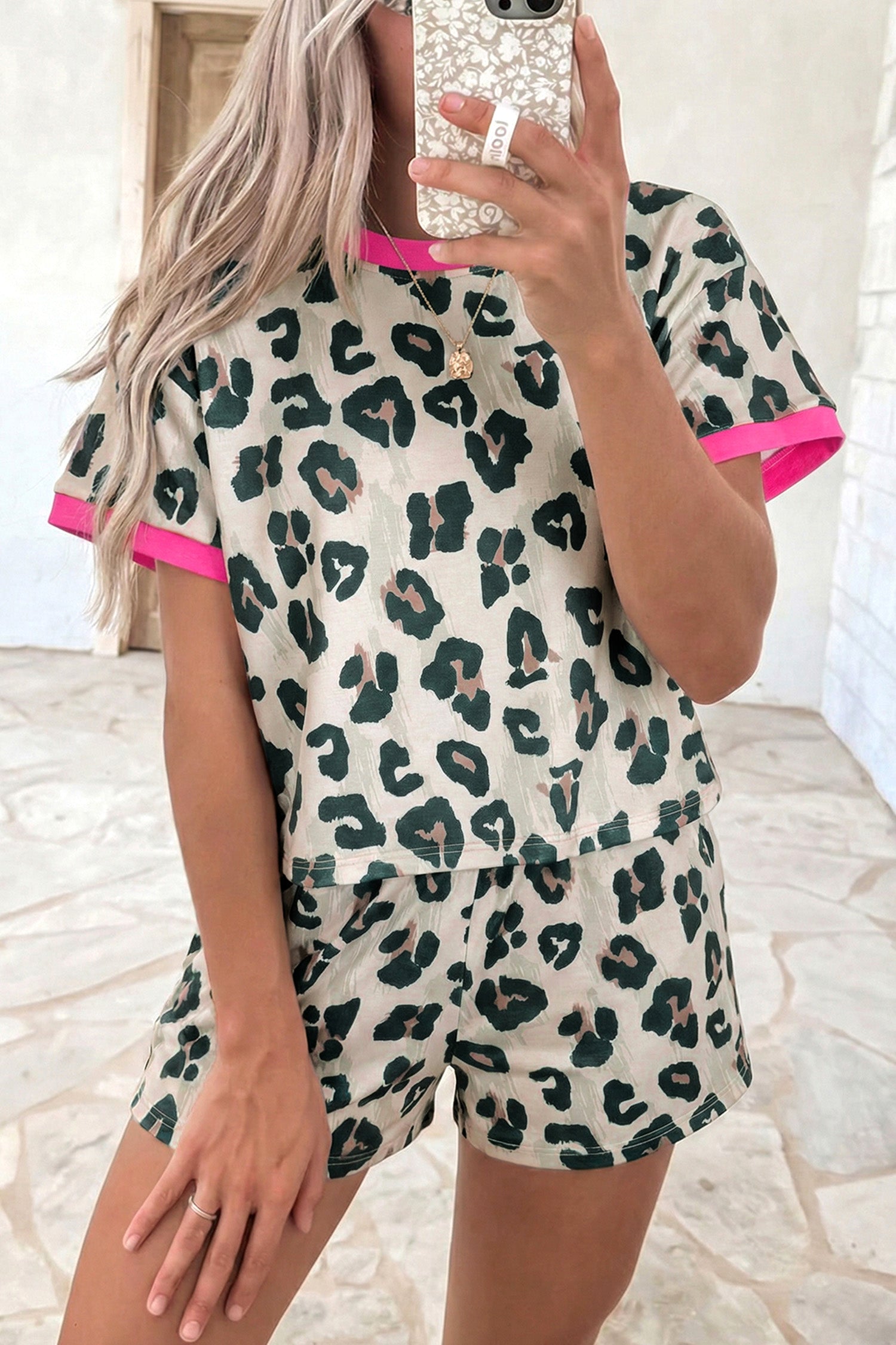 LivelyLooks Brown Leopard Print Contrast Trim Top & High Waist Shorts Set S-XL women's fashion