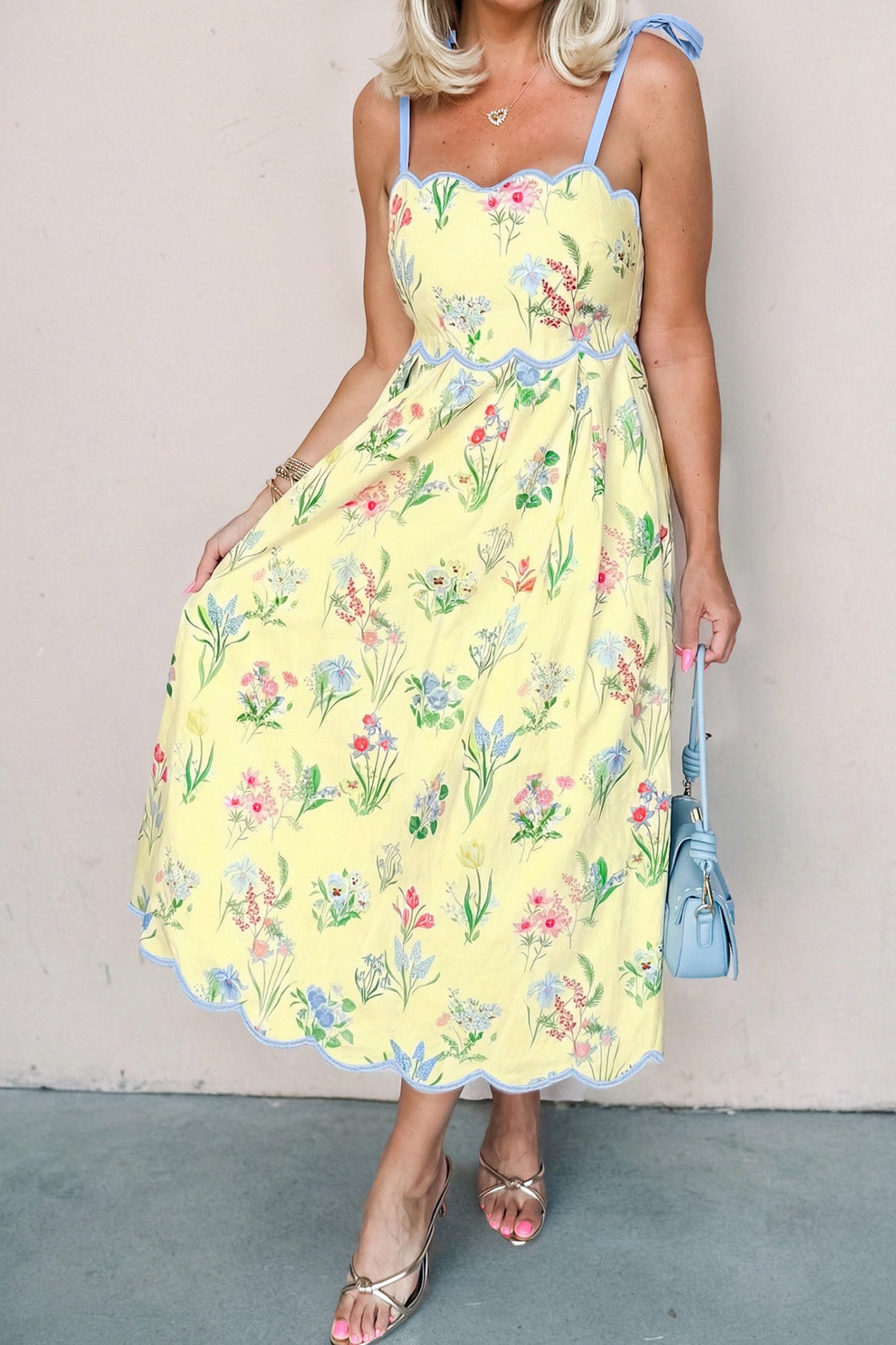 Floral Midi Dress Contrast Trim Self-Tie Straps High Waist Beige Pink Yellow