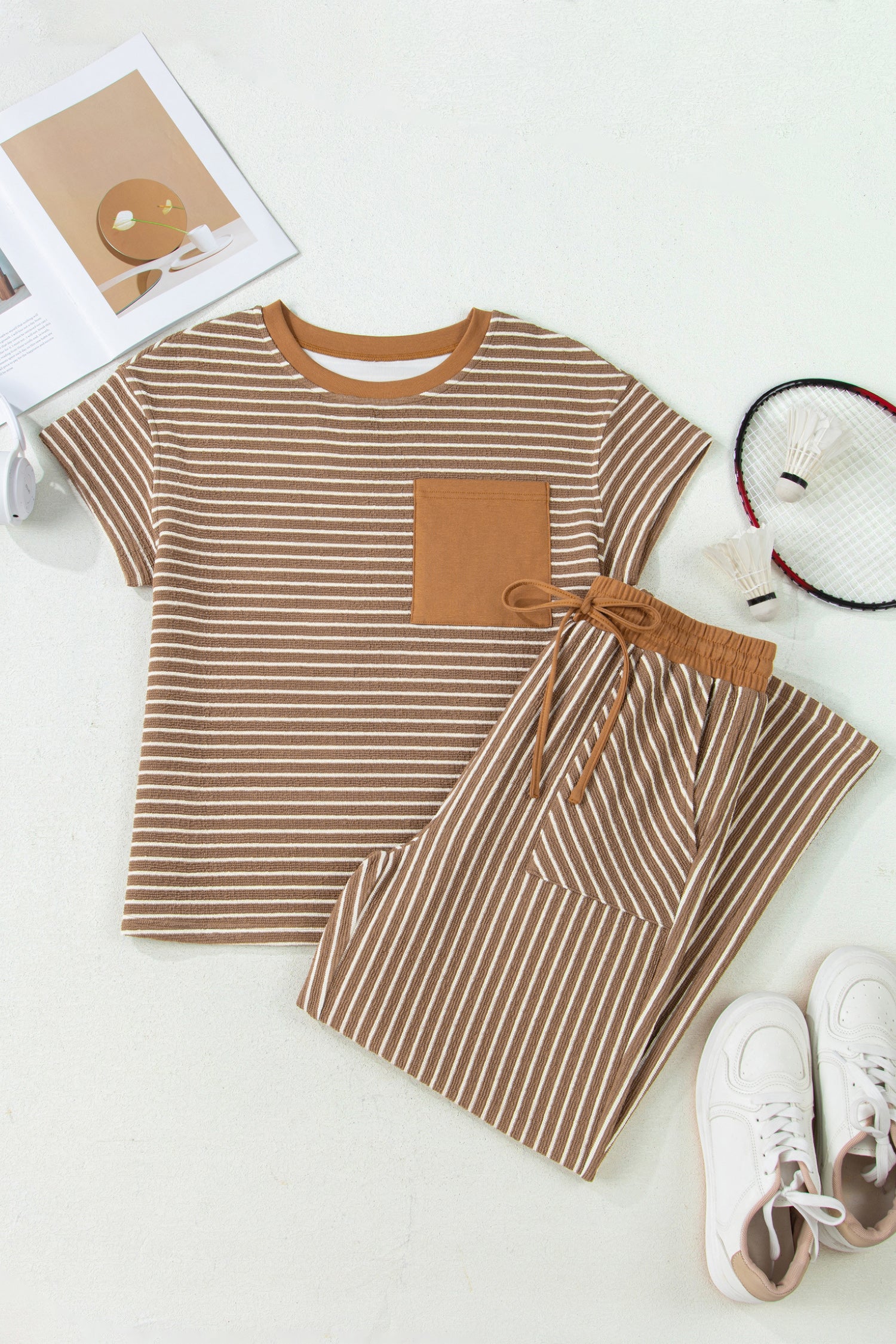 Stripe Crew Neck Tee & Drawstring Cropped Trousers Set | 4 Colours | Sizes 8-22