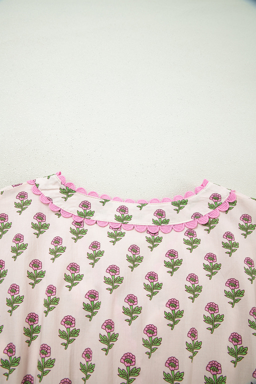 Women's Pink Floral V-Neck Scallop Trim Button Front Short Sleeve Maxi Dress at LivelyLooks