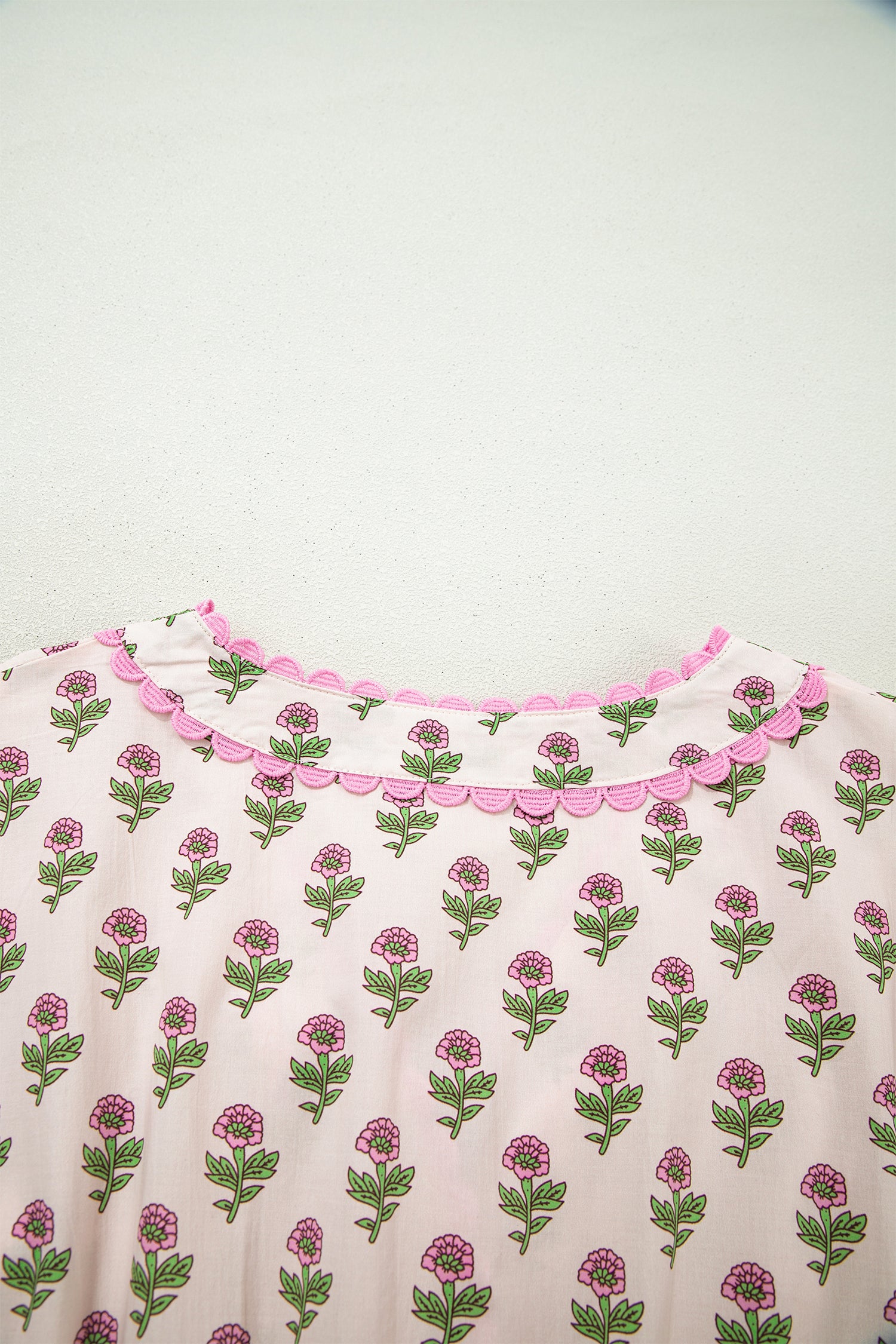 Women's Pink Floral V-Neck Scallop Trim Button Front Short Sleeve Maxi Dress at LivelyLooks