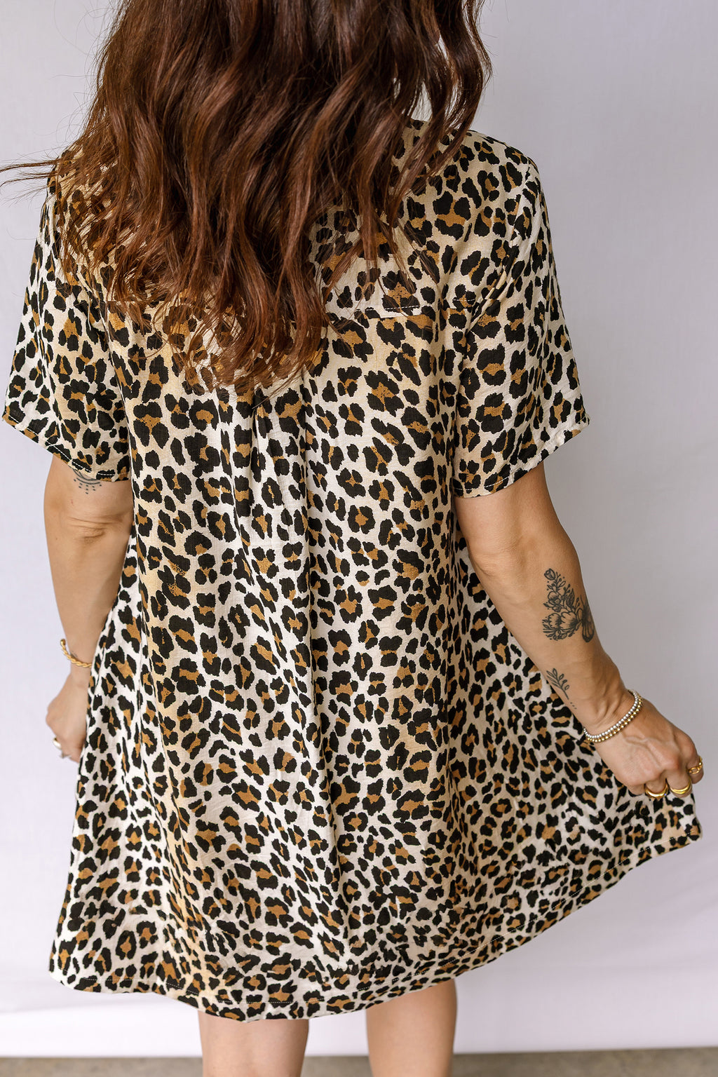 Women's Multicolour Half Buttons Short Sleeve Loose Leopard Mini Dress with Pockets at LivelyLooks