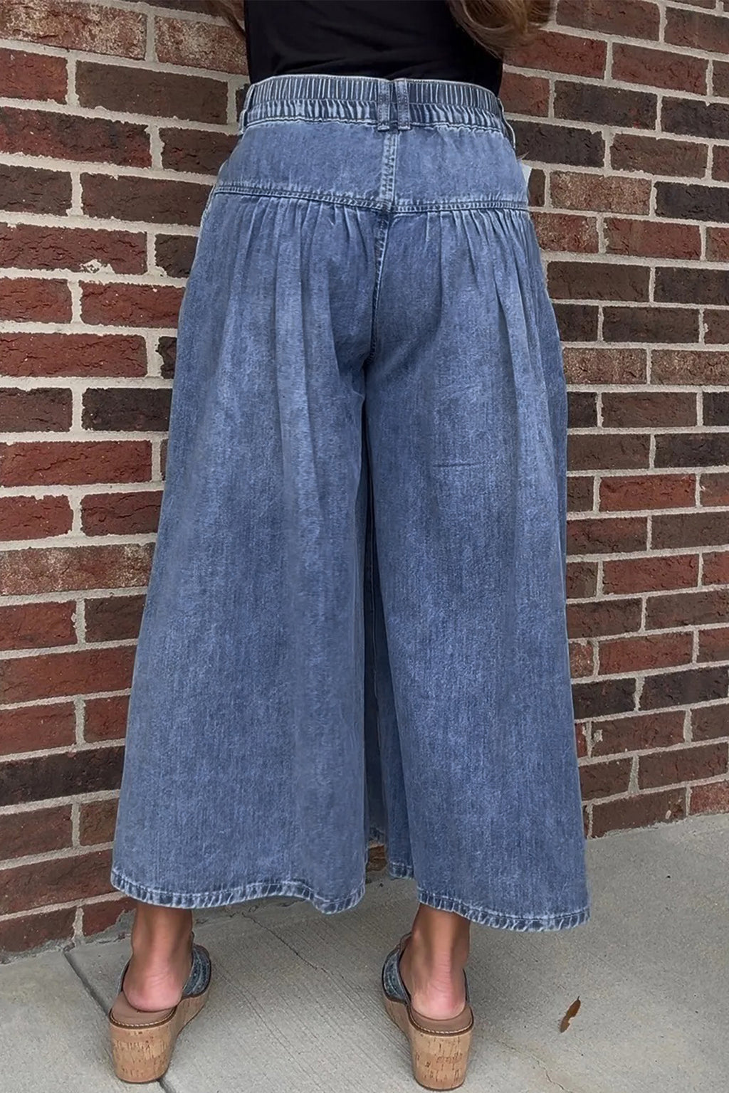Dusk Blue High Rise Buttons Pleated Cropped Wide Leg Denim Pants | UK 8–18