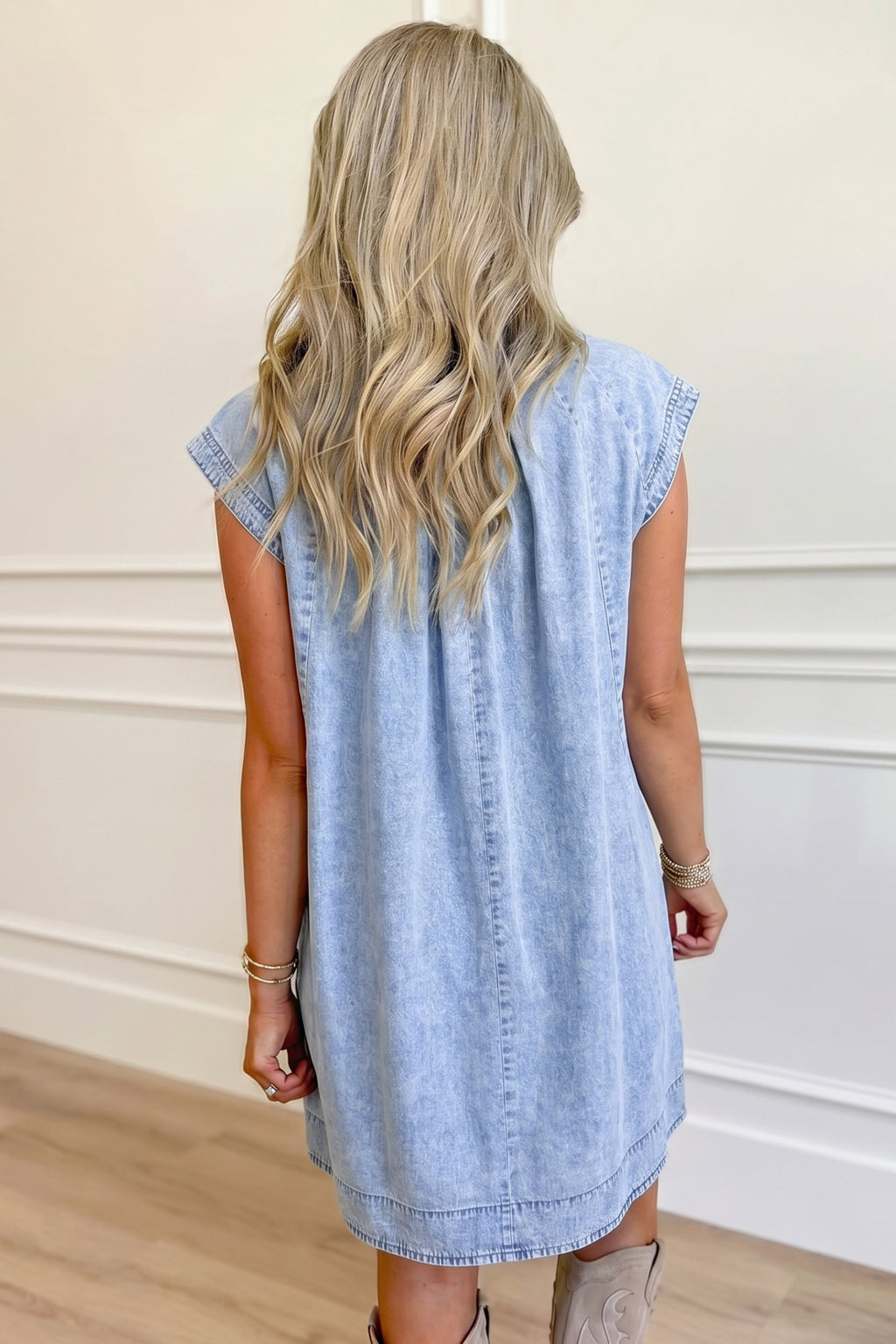Beau Blue Denim Shift Dress Cap Sleeve Pleated Round Neck Women S-XL