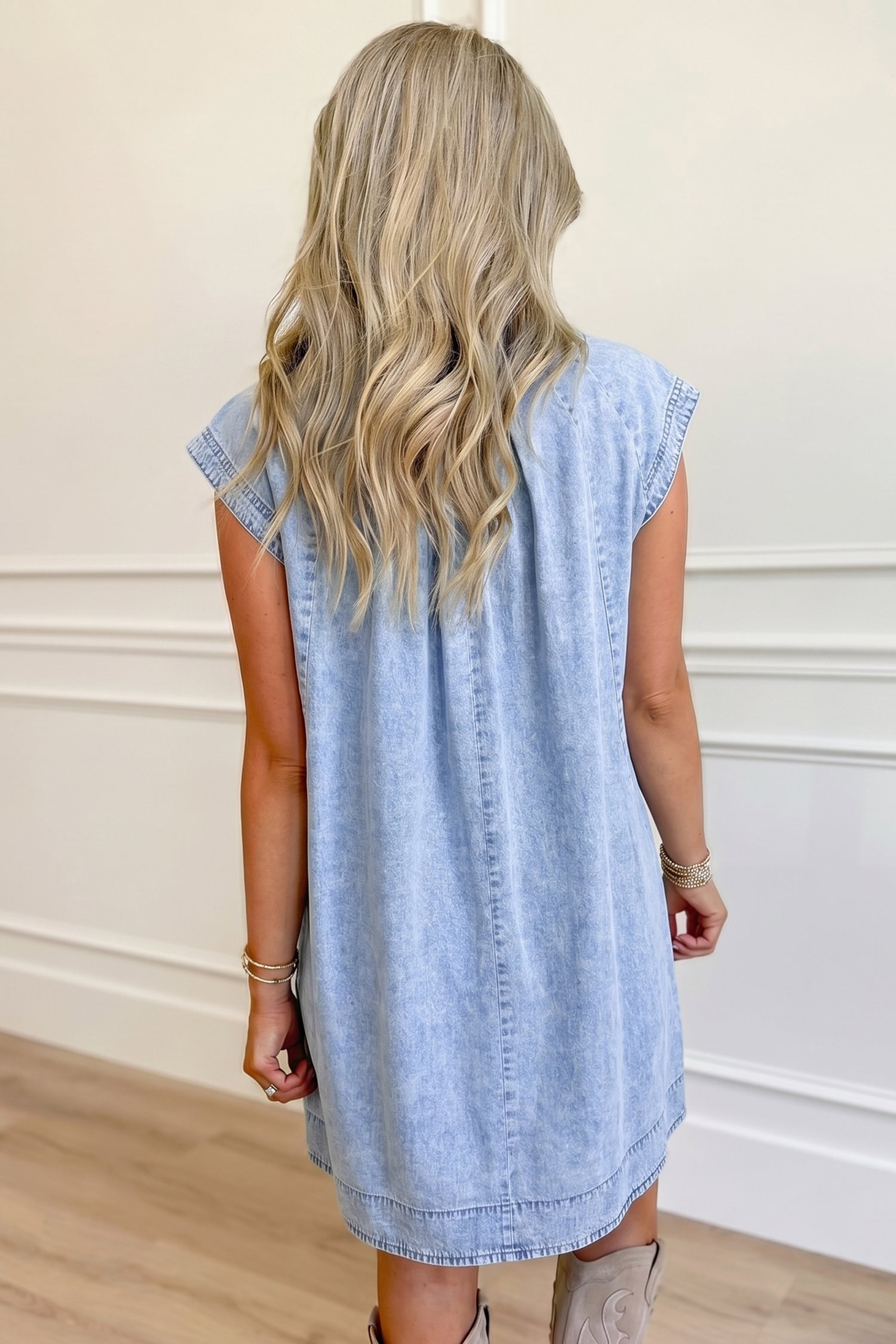 Beau Blue Denim Shift Dress Cap Sleeve Pleated Round Neck Women S-XL