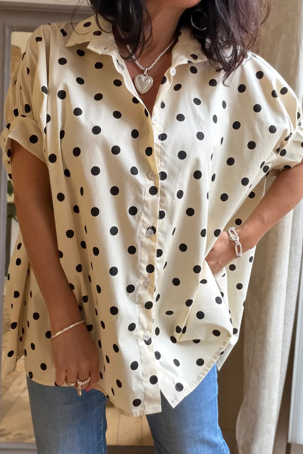 Beige Polka Dot Dolman Shirt Loose Fit Short Sleeve Rolled Cuff Women S-XL
