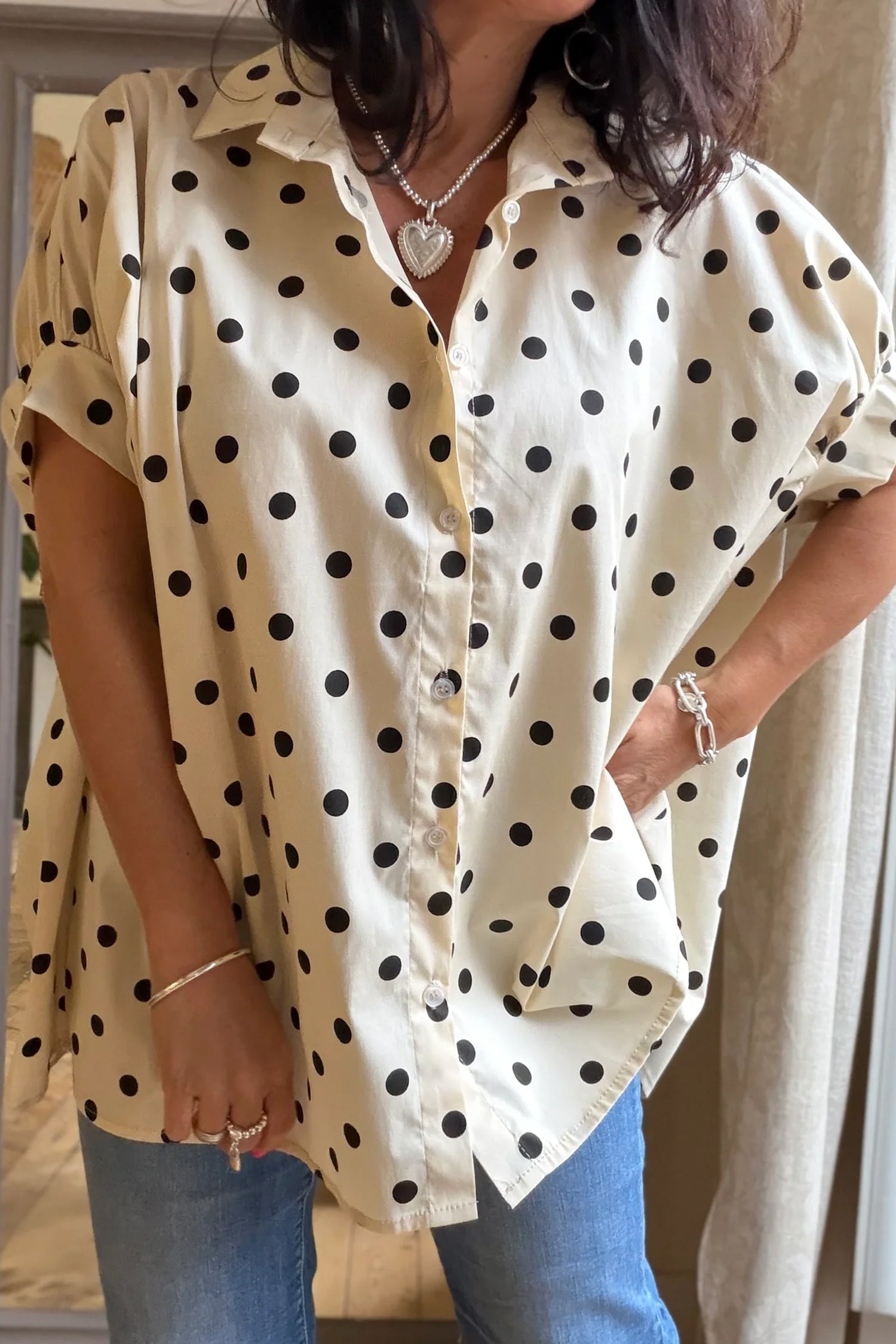 Beige Polka Dot Dolman Shirt Loose Fit Short Sleeve Rolled Cuff Women S-XL