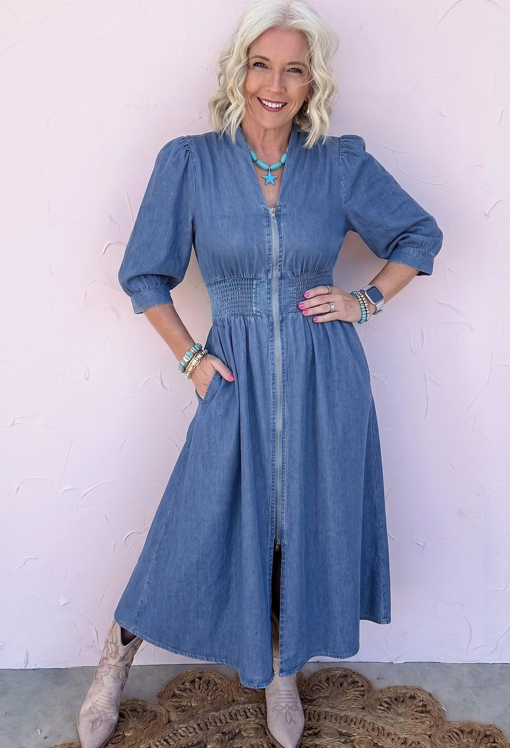 Blue V Neck Shirred Waist Metal Zipper Denim Midi Dress | UK 8–22