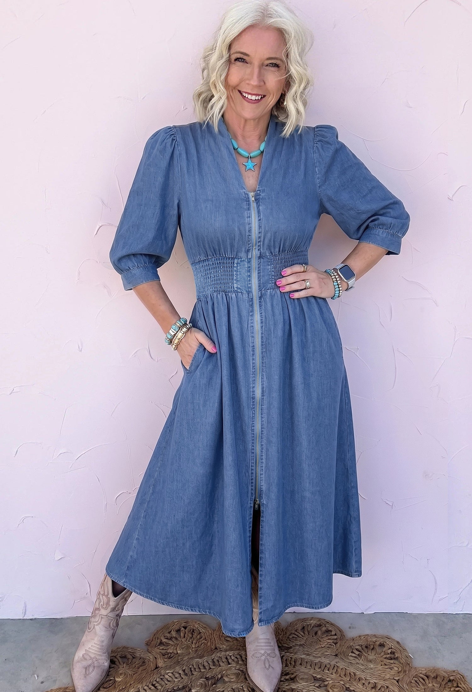 Blue V Neck Shirred Waist Metal Zipper Denim Midi Dress | UK 8–22
