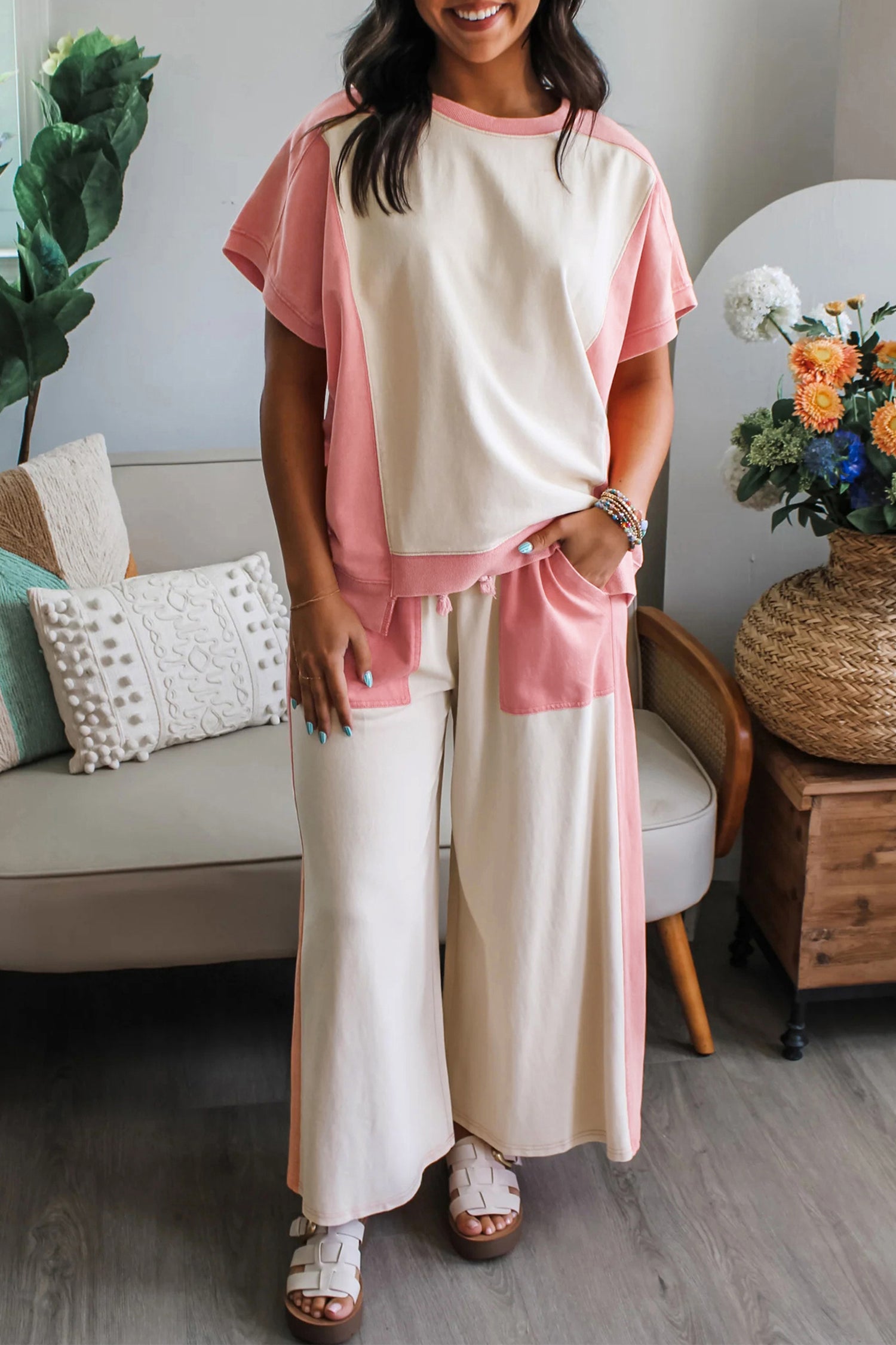 White Two-Tone Colour Block Patchwork Tee & Drawstring Loose Pant Set | UK 8–22