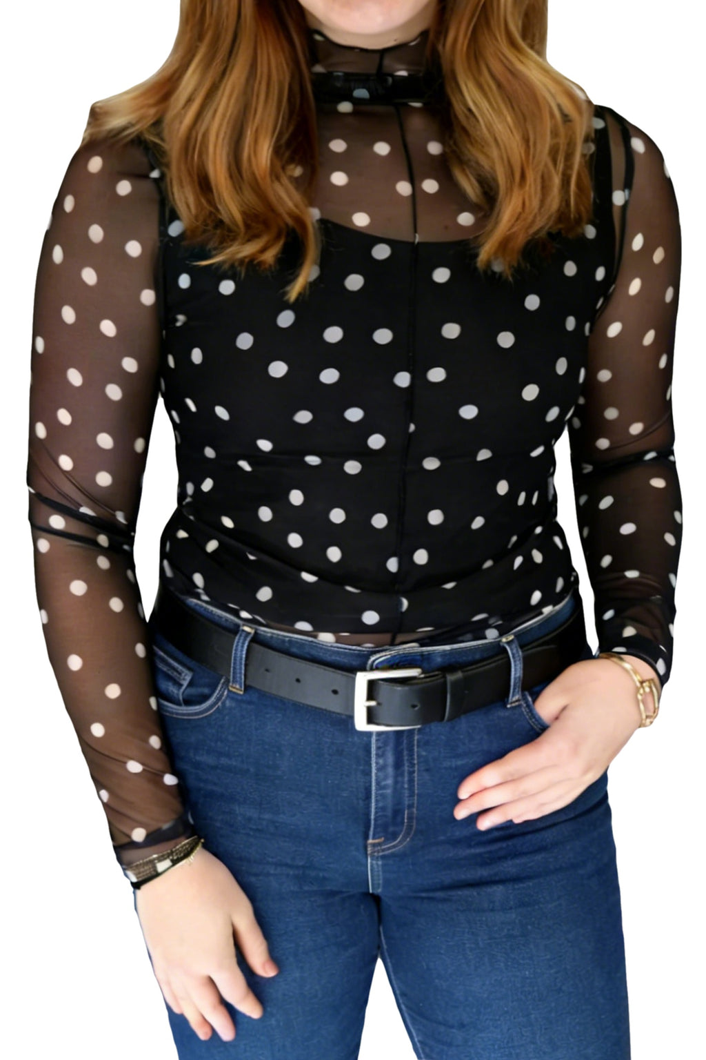 Black Plus Size Polka Dot Mock Neck Long Sleeve Mesh Top