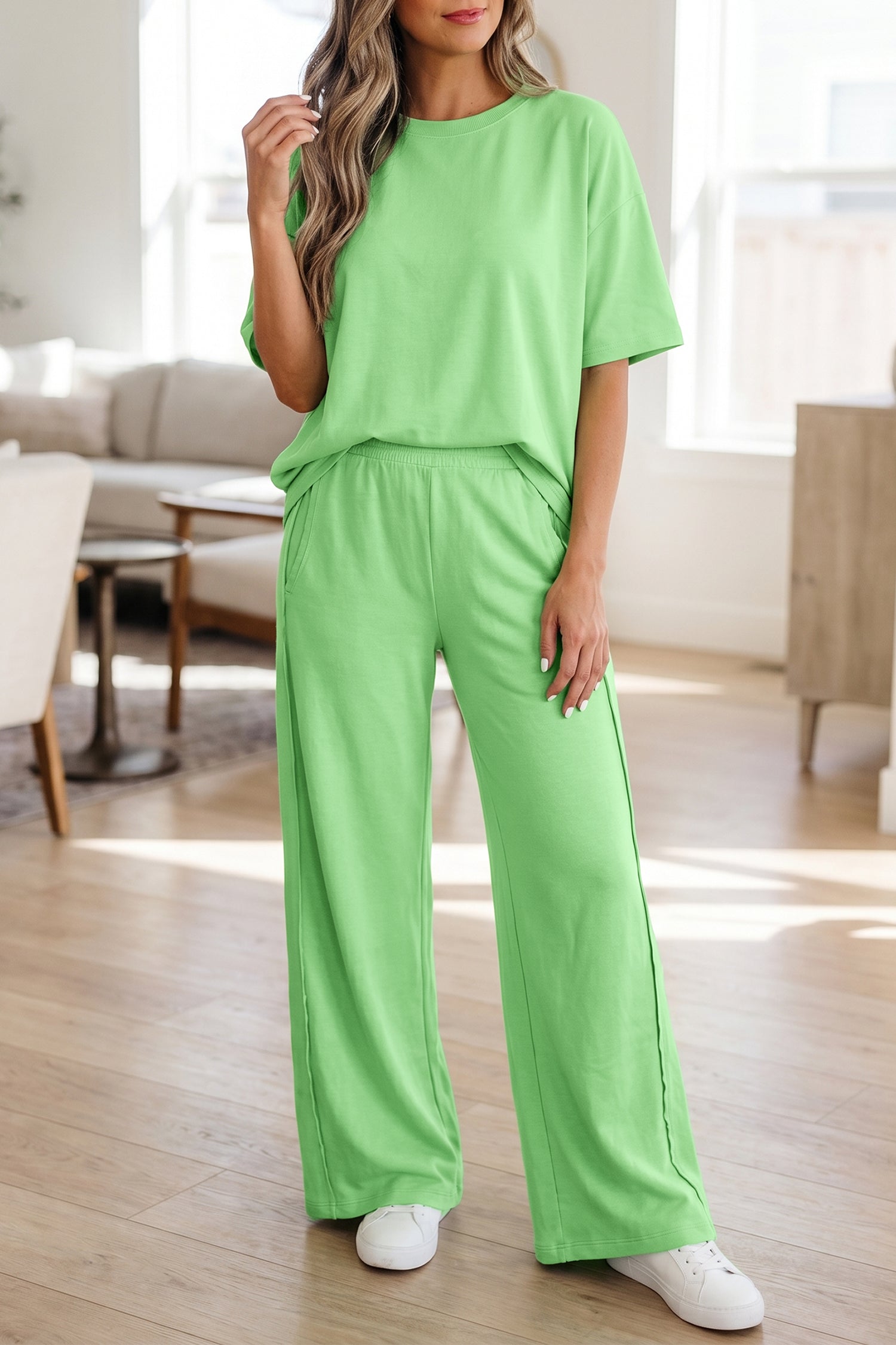 Solid Oversized Tee & Pocketed Wide Leg Trousers Set | Blue, Pink & Green | UK 8–18
