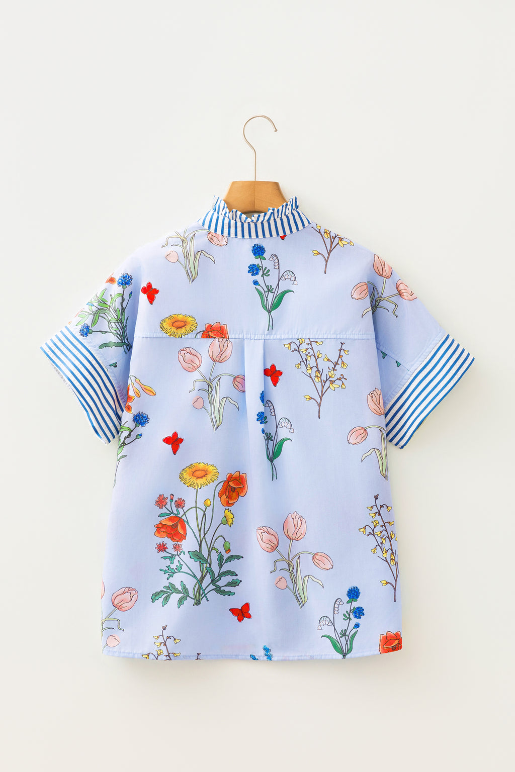 Floral Striped Ruffled Collar Shirt Short Sleeve Beige Sky Blue UK 8-22