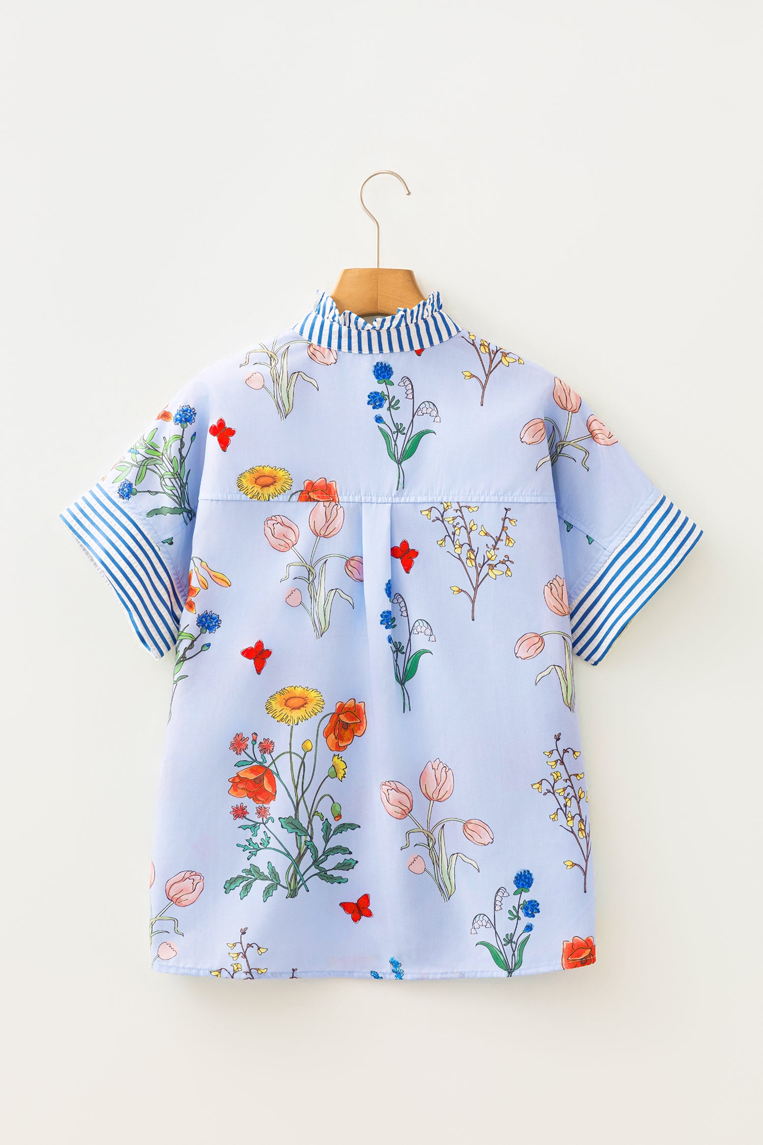 Floral Striped Ruffled Collar Shirt Short Sleeve Beige Sky Blue UK 8-22