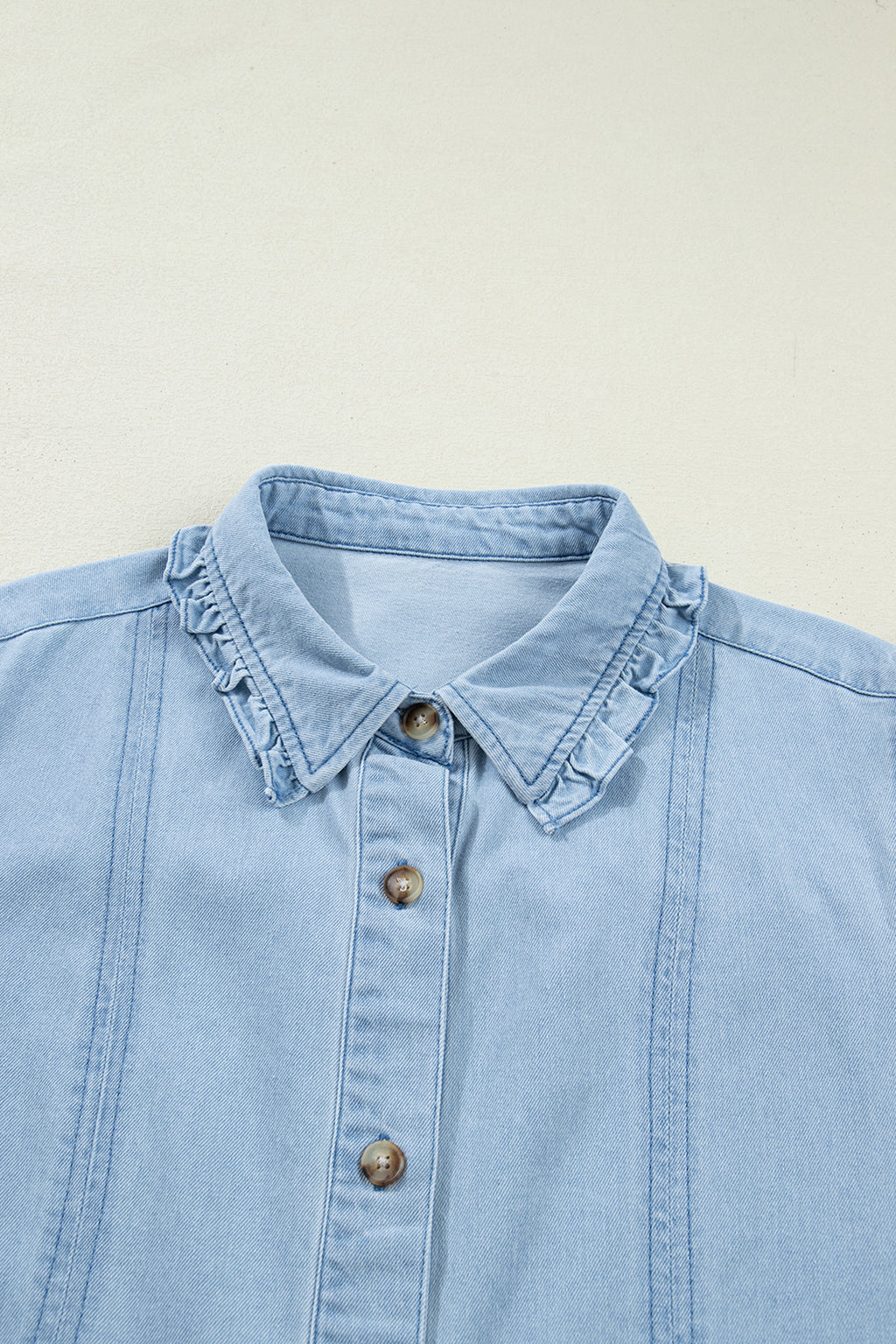 Women's Sail Blue Ruffled Collar Shift Denim Dress with Pockets at LivelyLooks