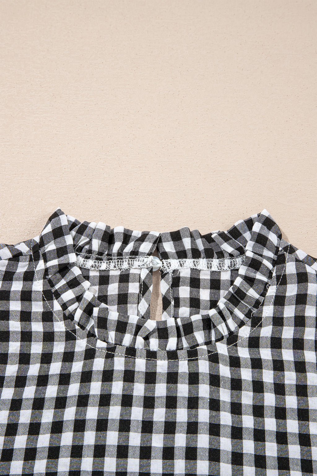 Black Plaid Puff Sleeve Frilled Neck Blouse S-XL