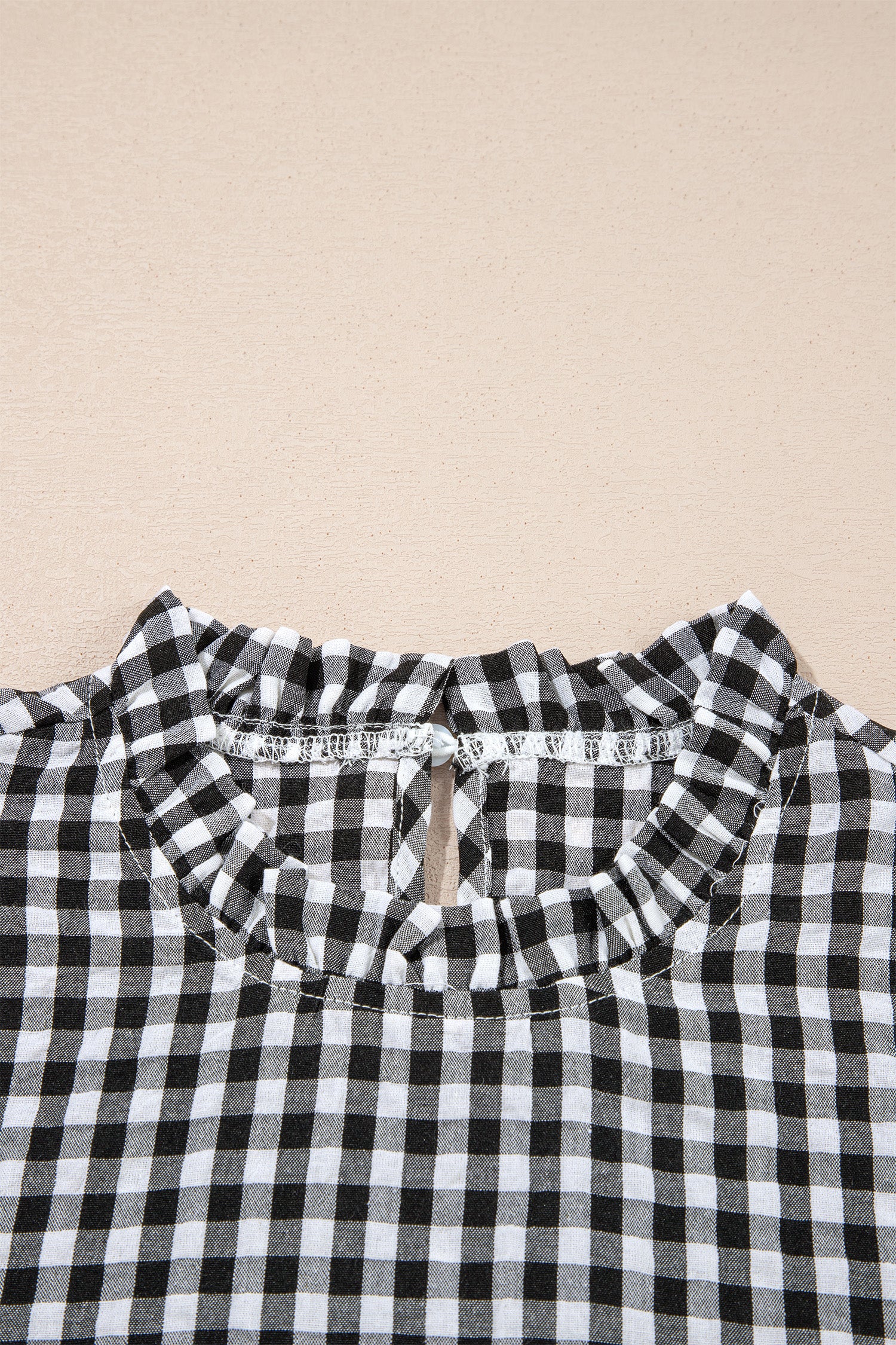 Black Plaid Puff Sleeve Frilled Neck Blouse S-XL