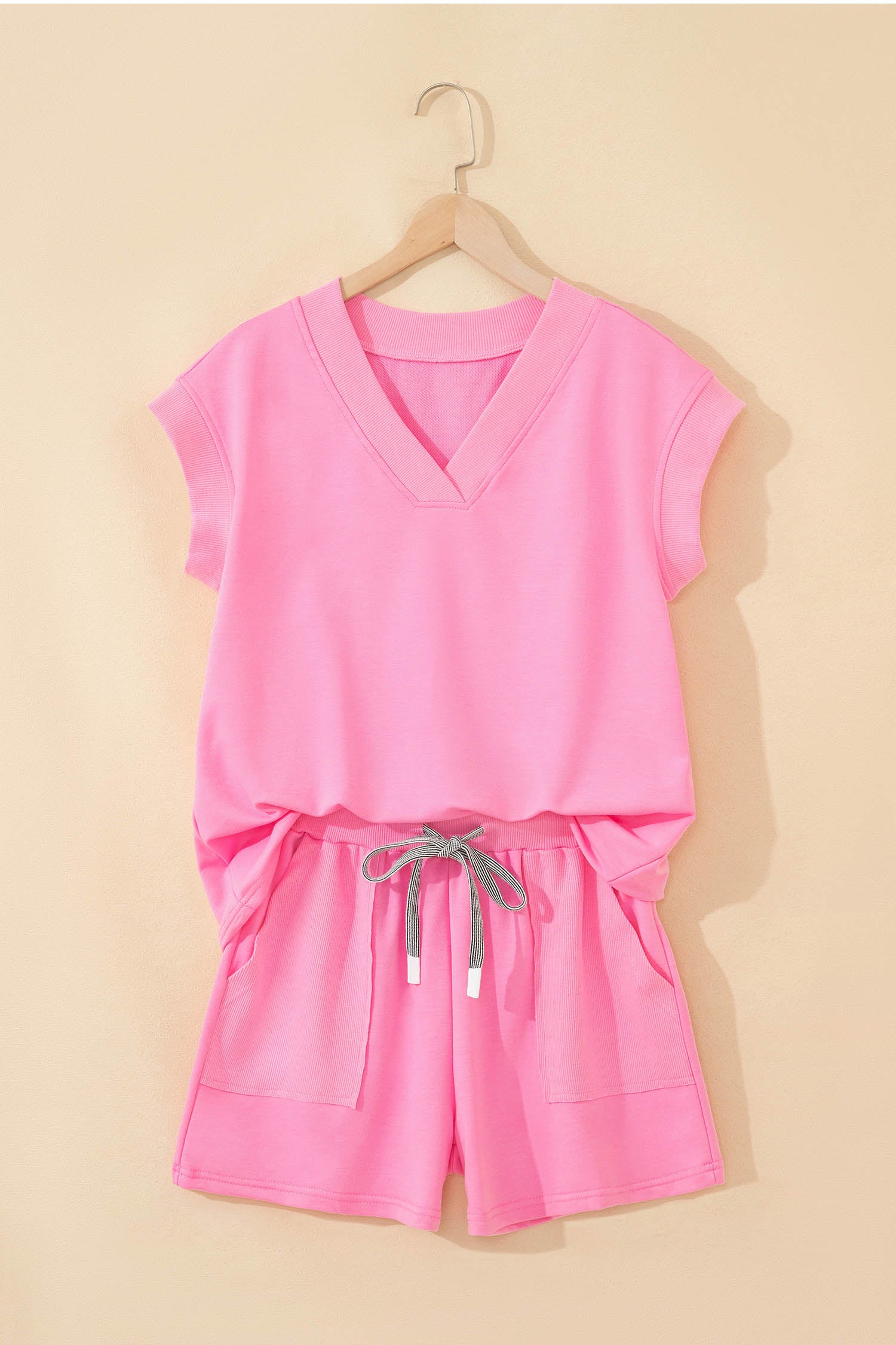 Shop Women's V-Neck Short Sleeve Top & Drawstring Shorts Set Pink Green S-XL at LivelyLooks