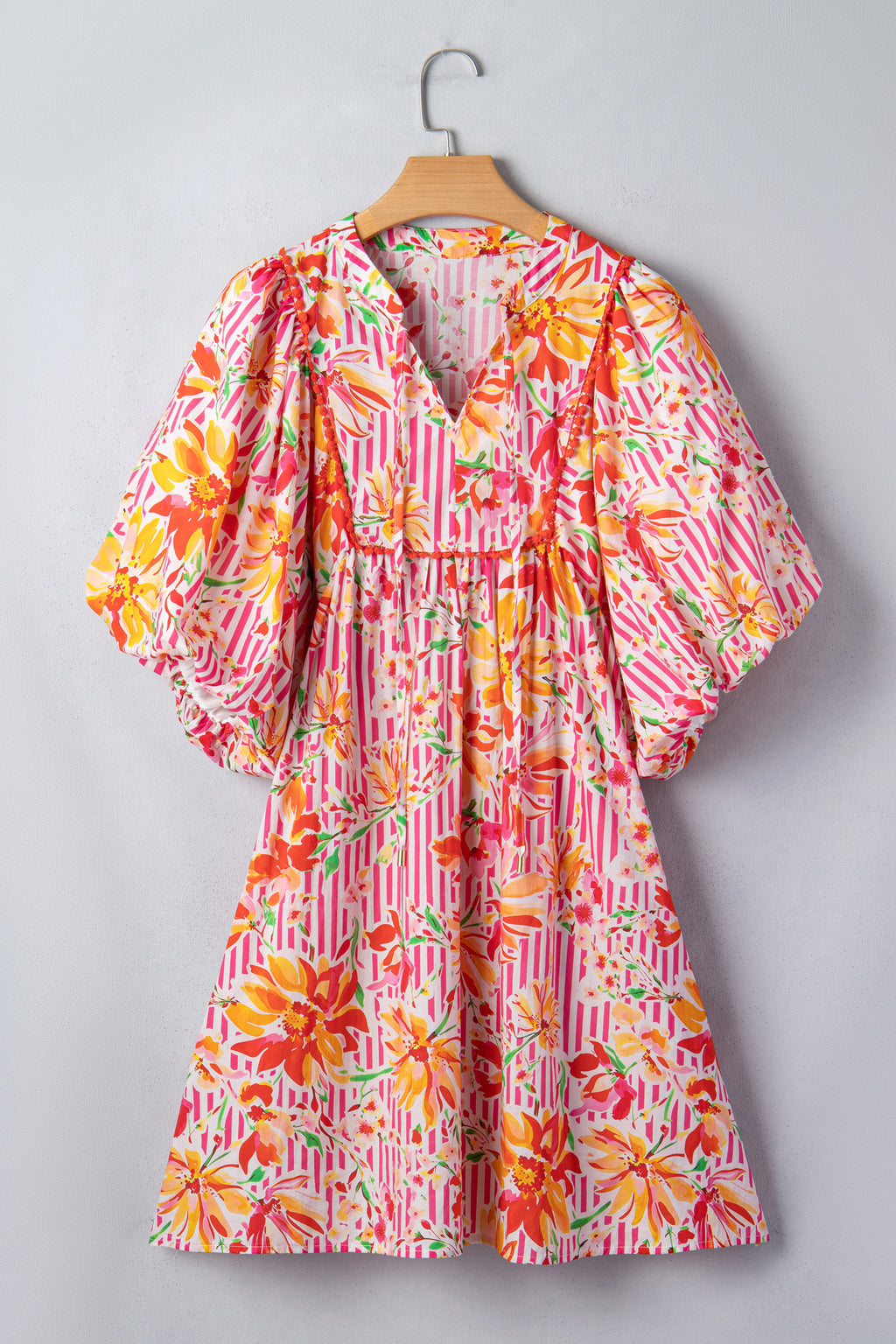 Pink Striped Floral Tie Neck Puff Sleeve Loose Mini Dress S-XL