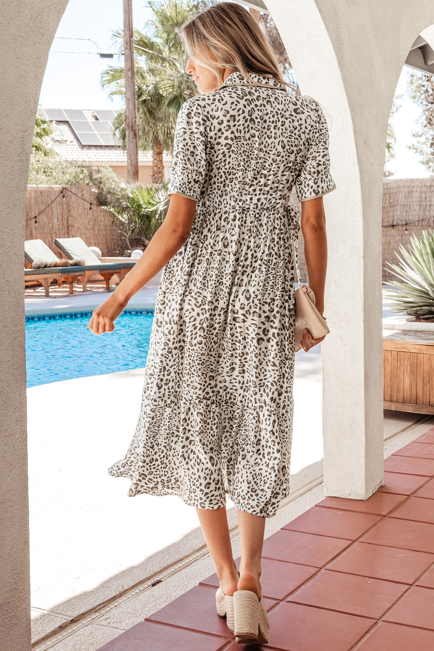 Women's White Leopard Contrast Trim Button Front Short Puff Sleeve Long Dress Maxi Sundress at LivelyLooks