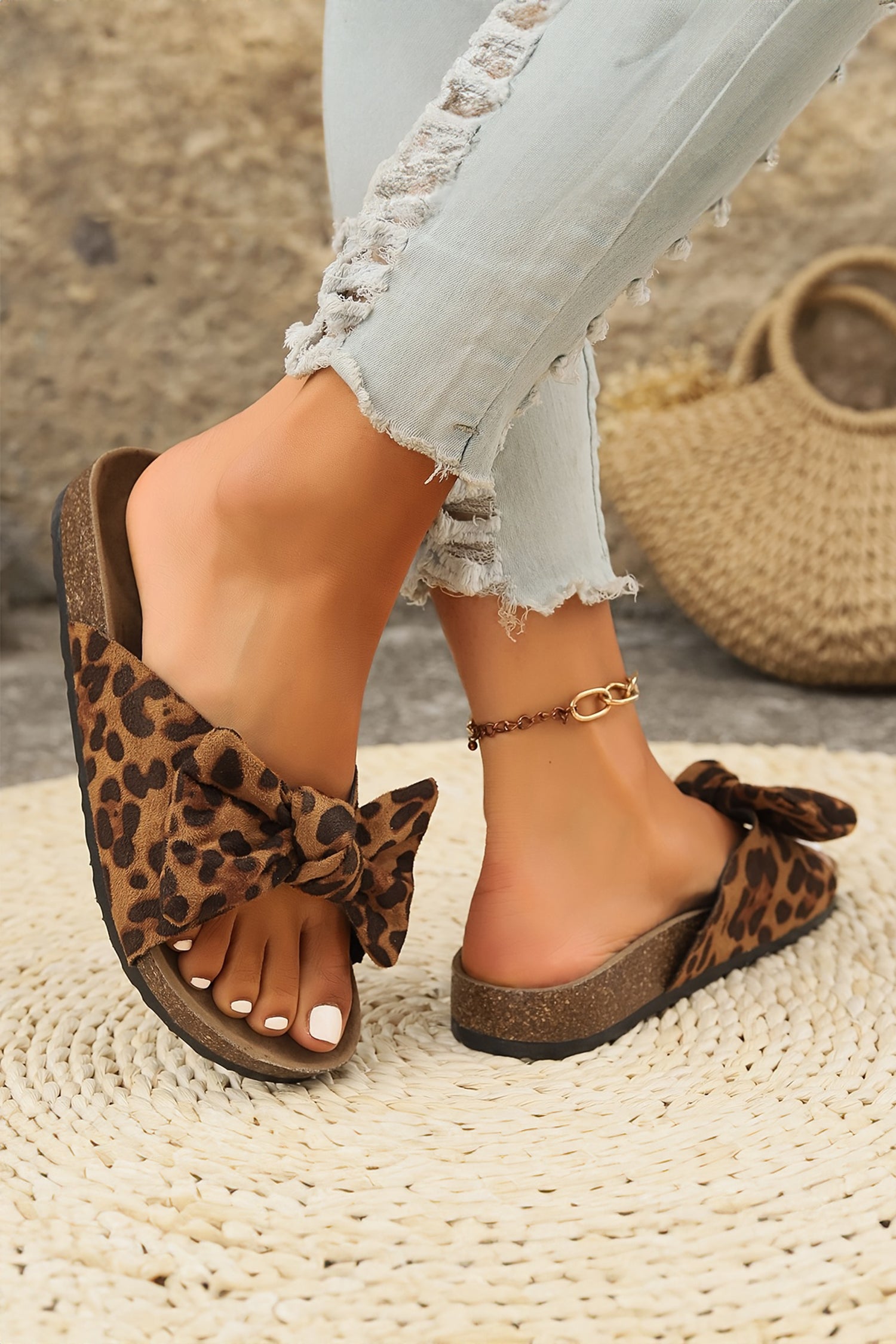 LivelyLooks Leopard Bow Knot Retro Cork Sole Faux Suede Sandals Brown EU37-42 women's fashion