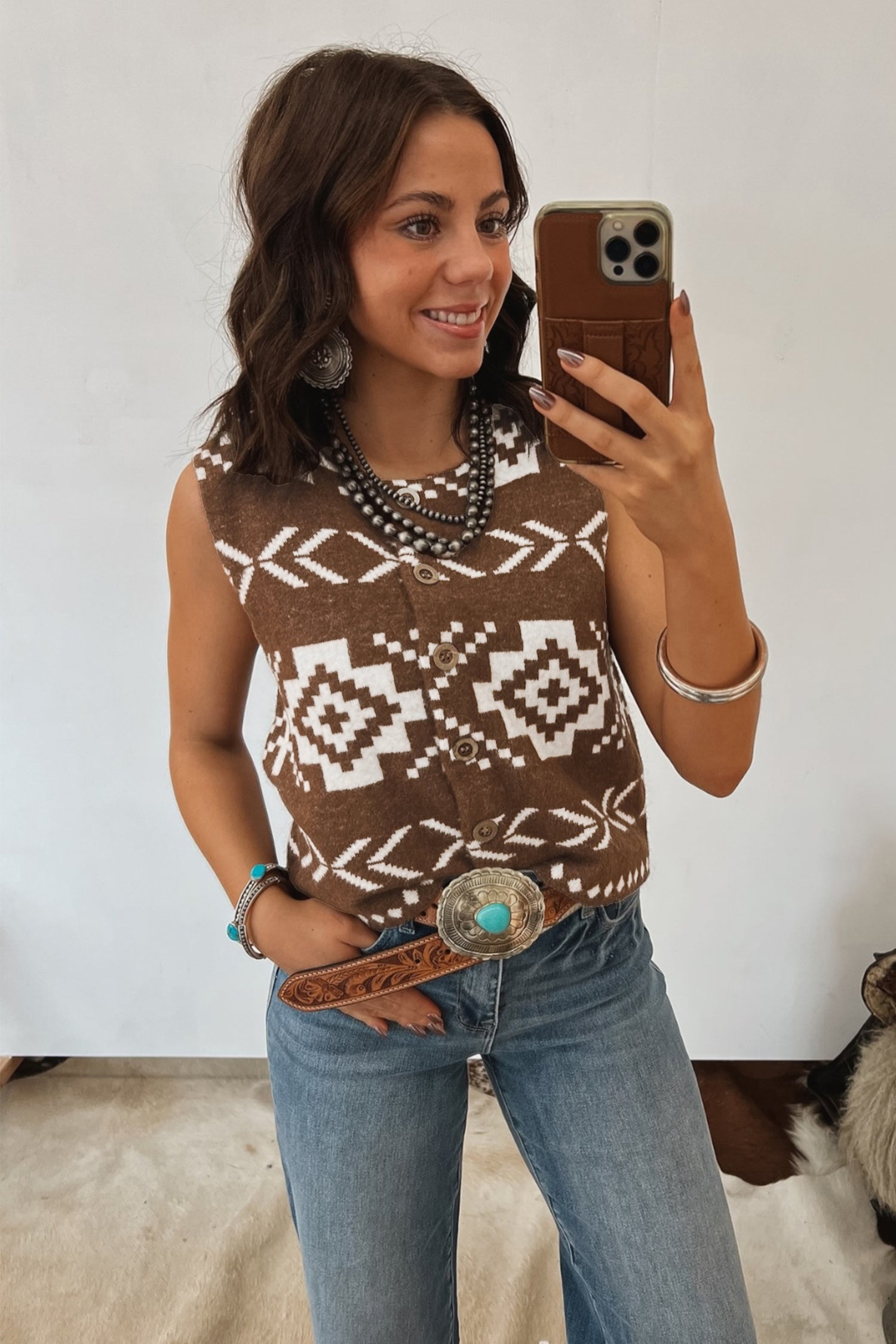 Shop Brown Aztec Print Sleeveless Sweater Vest Round Neck S-XL at LivelyLooks
