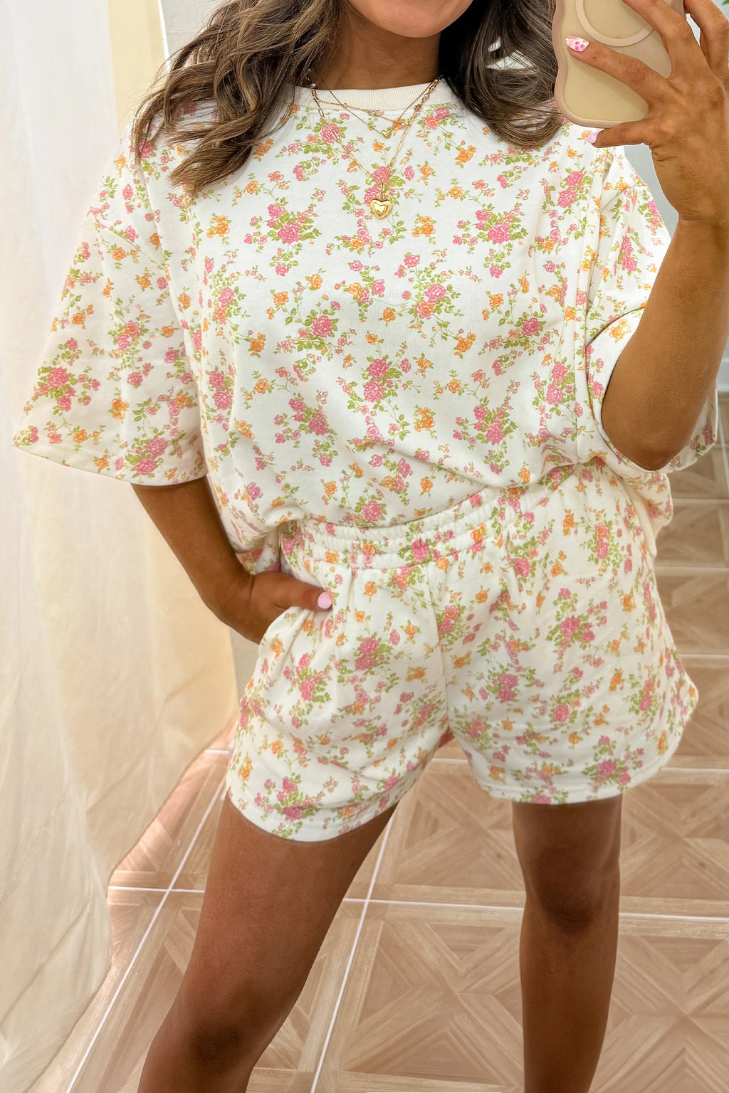 Floral Print Two Piece Short Set | Sky Blue & Pink | S-XL