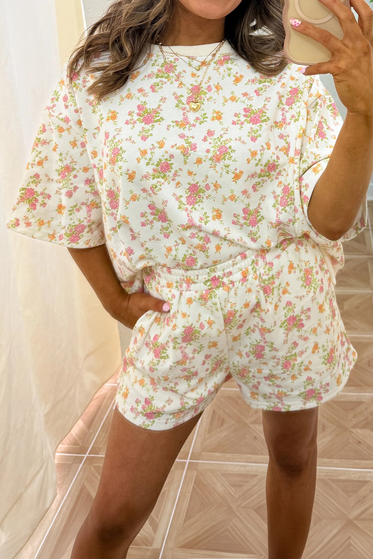 Floral Print Two Piece Short Set | Sky Blue & Pink | S-XL