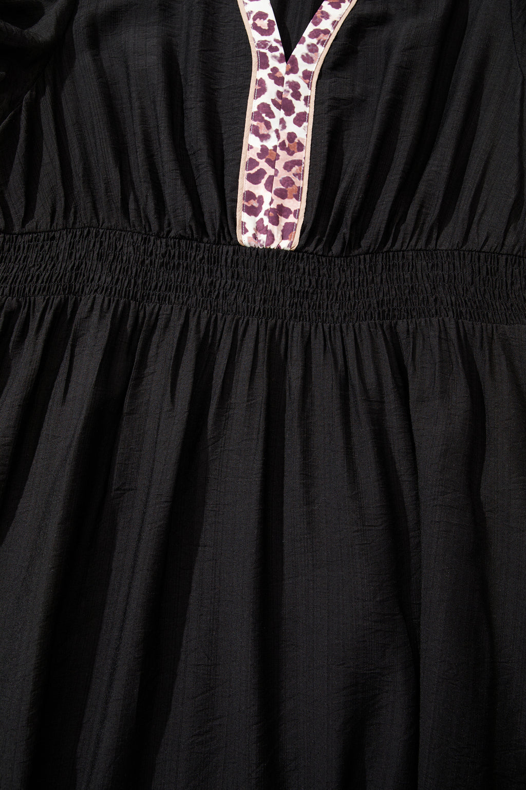 Women's Black Leopard V Neck Patchwork Smocked Waist Plus Size Ruffled Dress at LivelyLooks