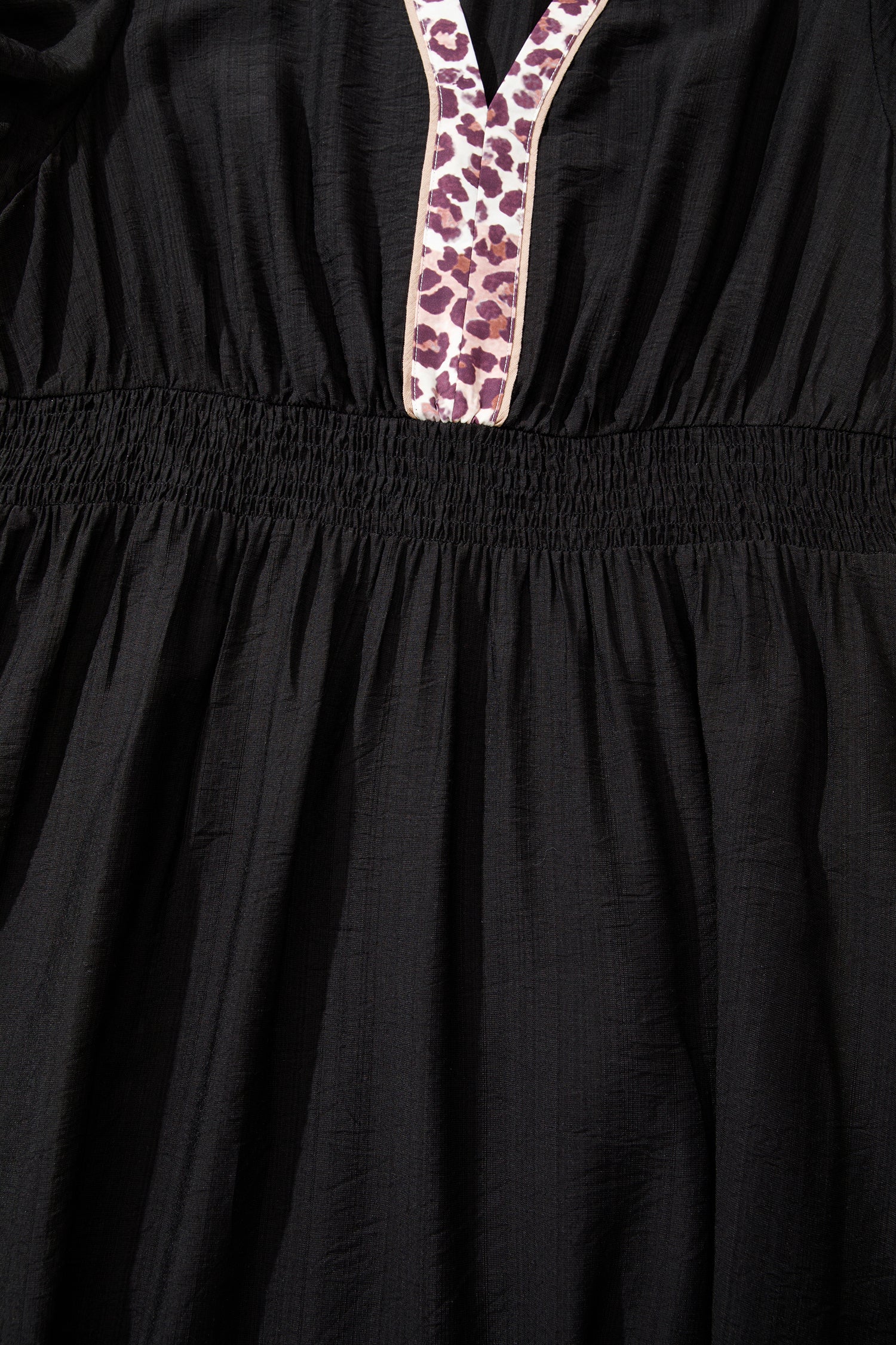 Women's Black Leopard V Neck Patchwork Smocked Waist Plus Size Ruffled Dress at LivelyLooks