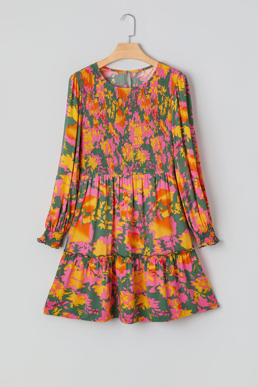 Multicolour Floral Print Long Sleeve Smocked Ruffled Mini Dress | UK 8–22