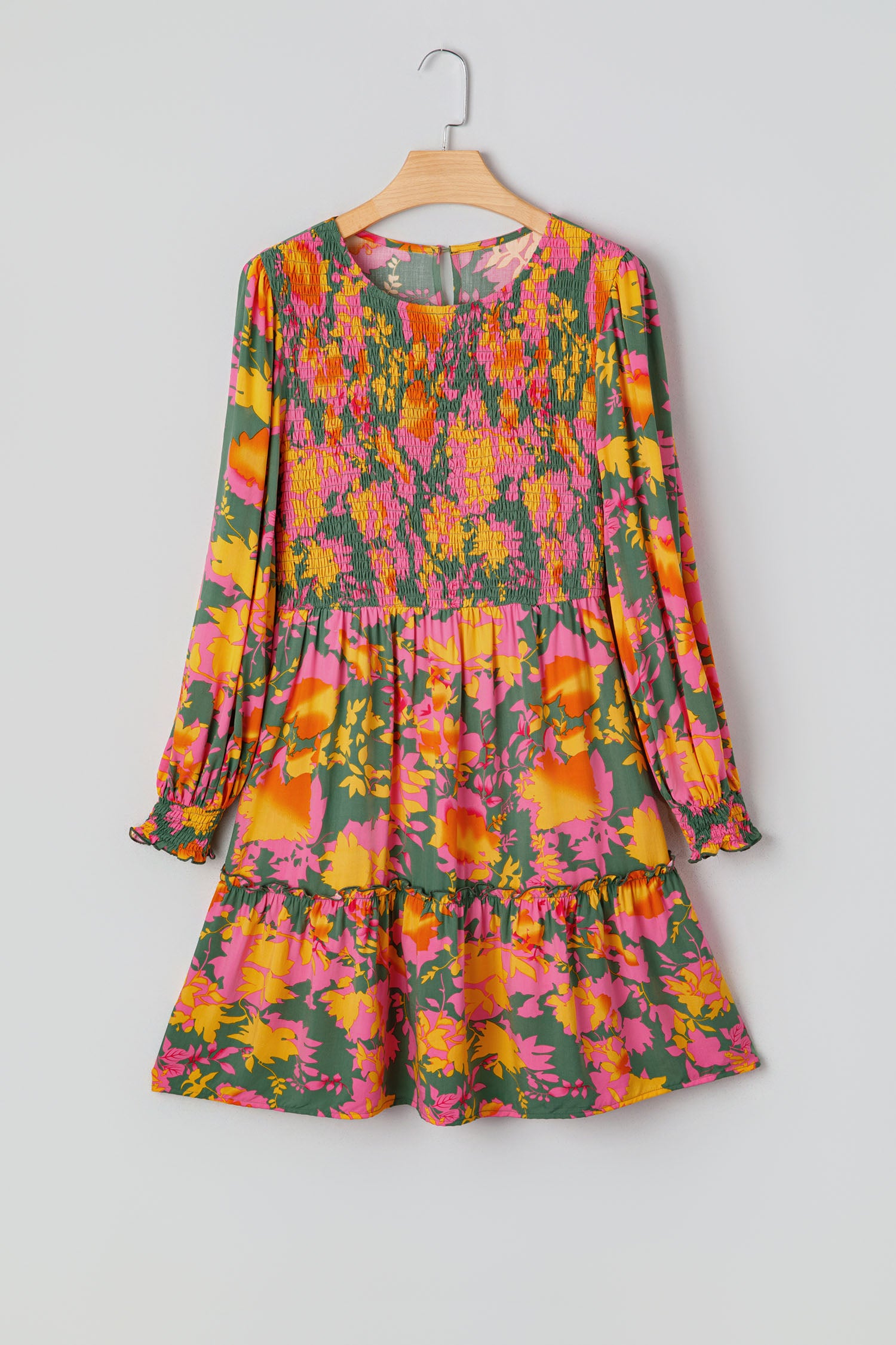 Multicolour Floral Print Long Sleeve Smocked Ruffled Mini Dress | UK 8–22