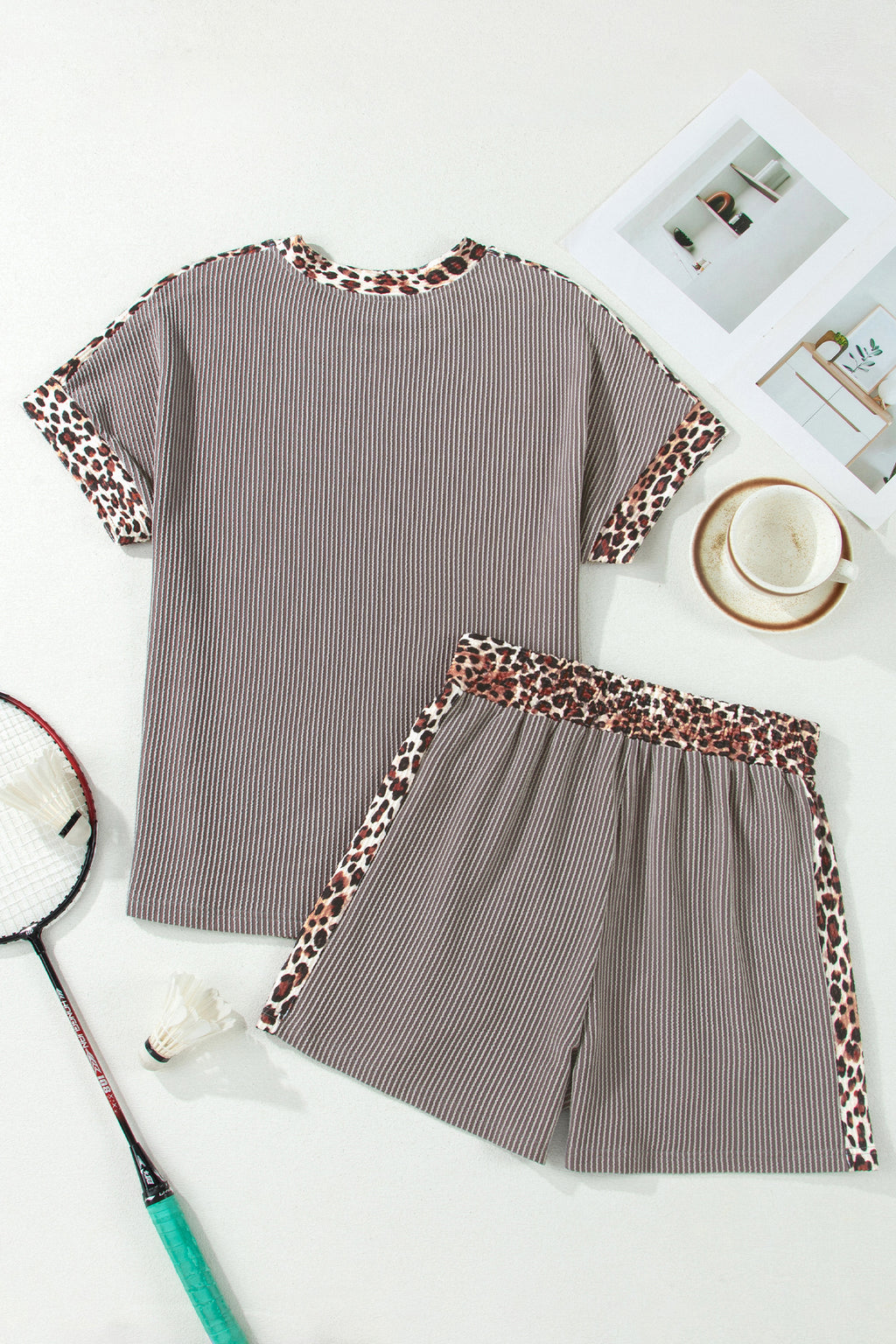 Ribbed Twist Short Set with Leopard Trim | Sky Blue, Light Grey & Sachet Pink