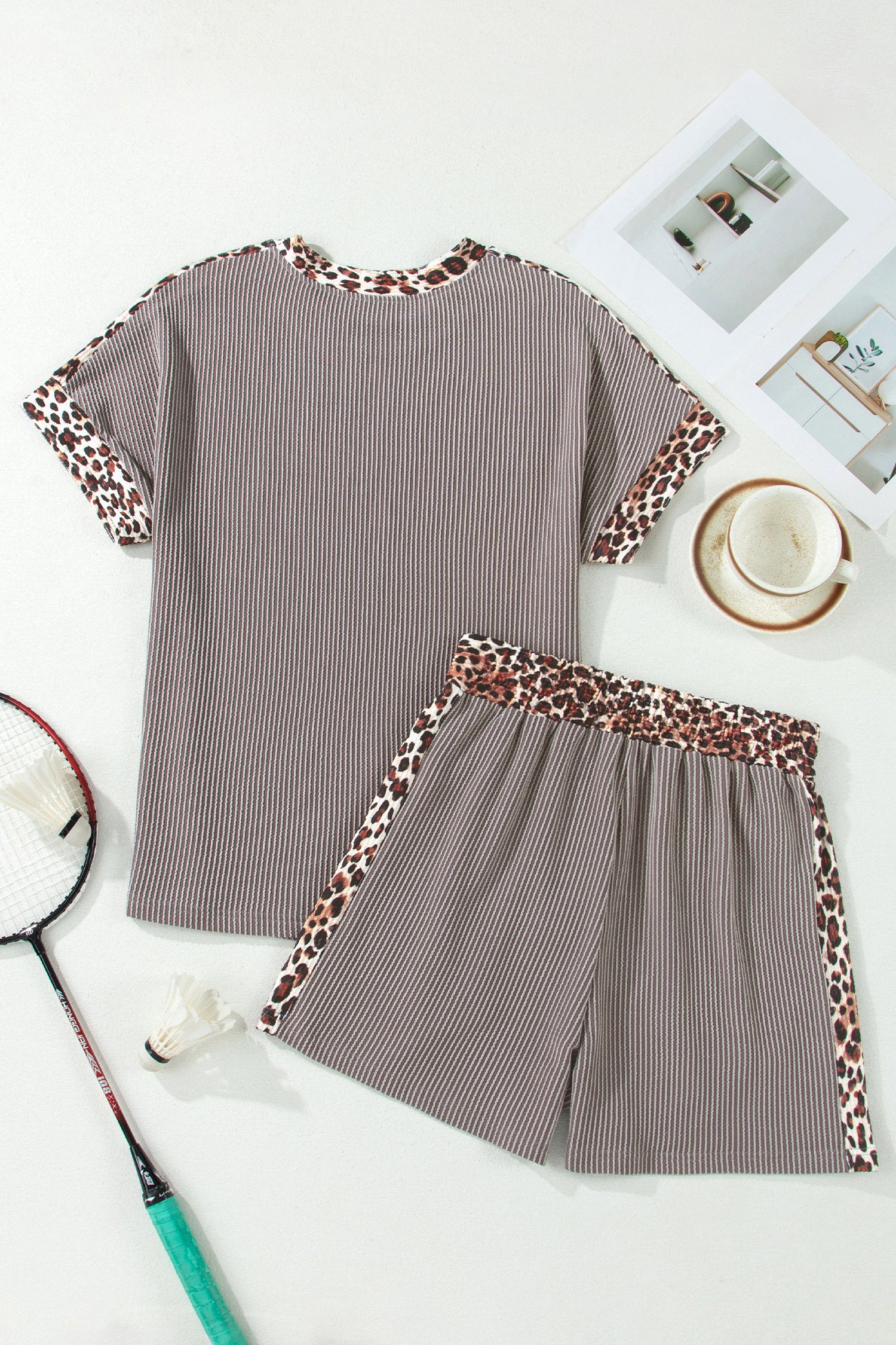 Ribbed Twist Short Set with Leopard Trim | Sky Blue, Light Grey & Sachet Pink