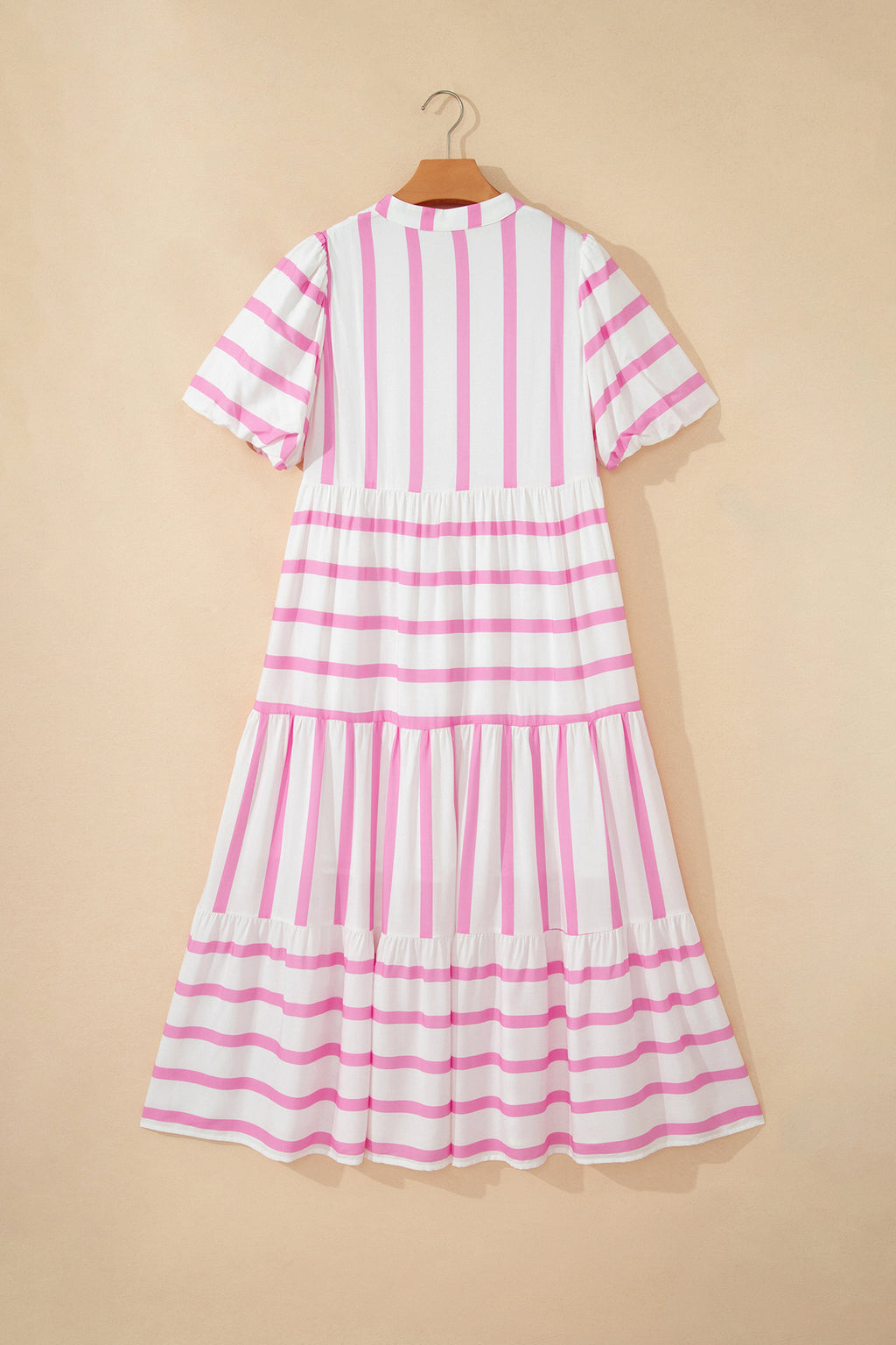 Shop Women's Stripe Ricrac Trim Notched V-Neck Puff Sleeve Midi Dress Pink at LivelyLooks