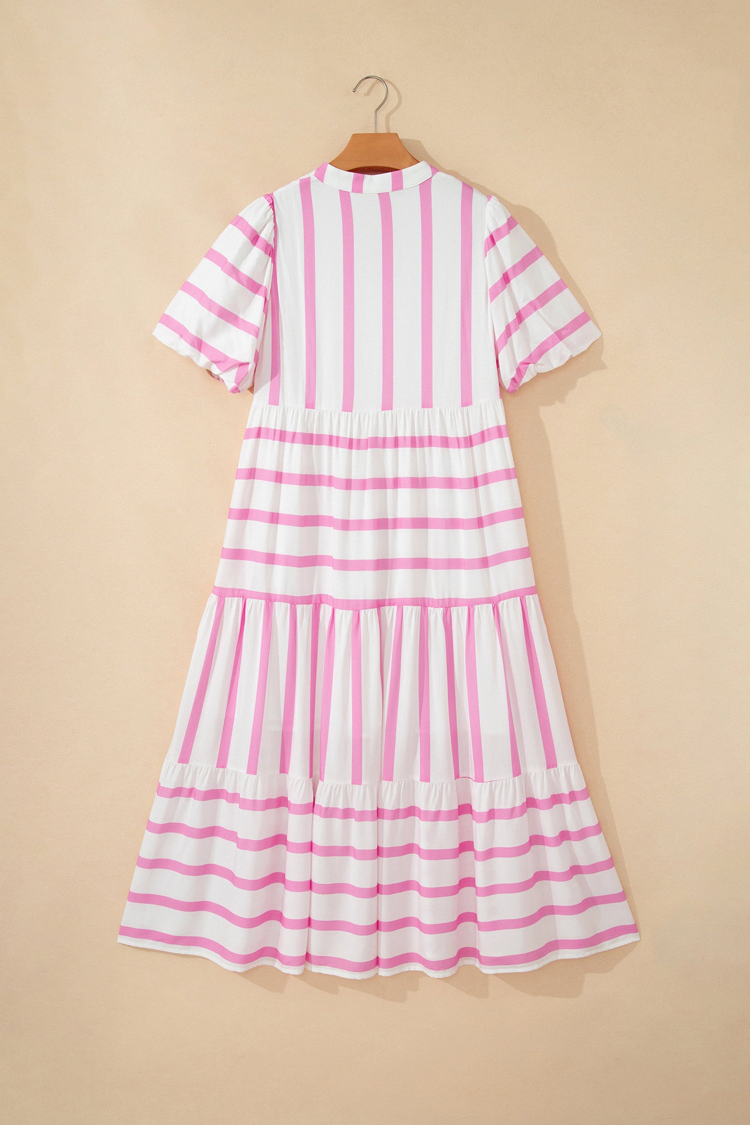 Shop Women's Stripe Ricrac Trim Notched V-Neck Puff Sleeve Midi Dress Pink at LivelyLooks