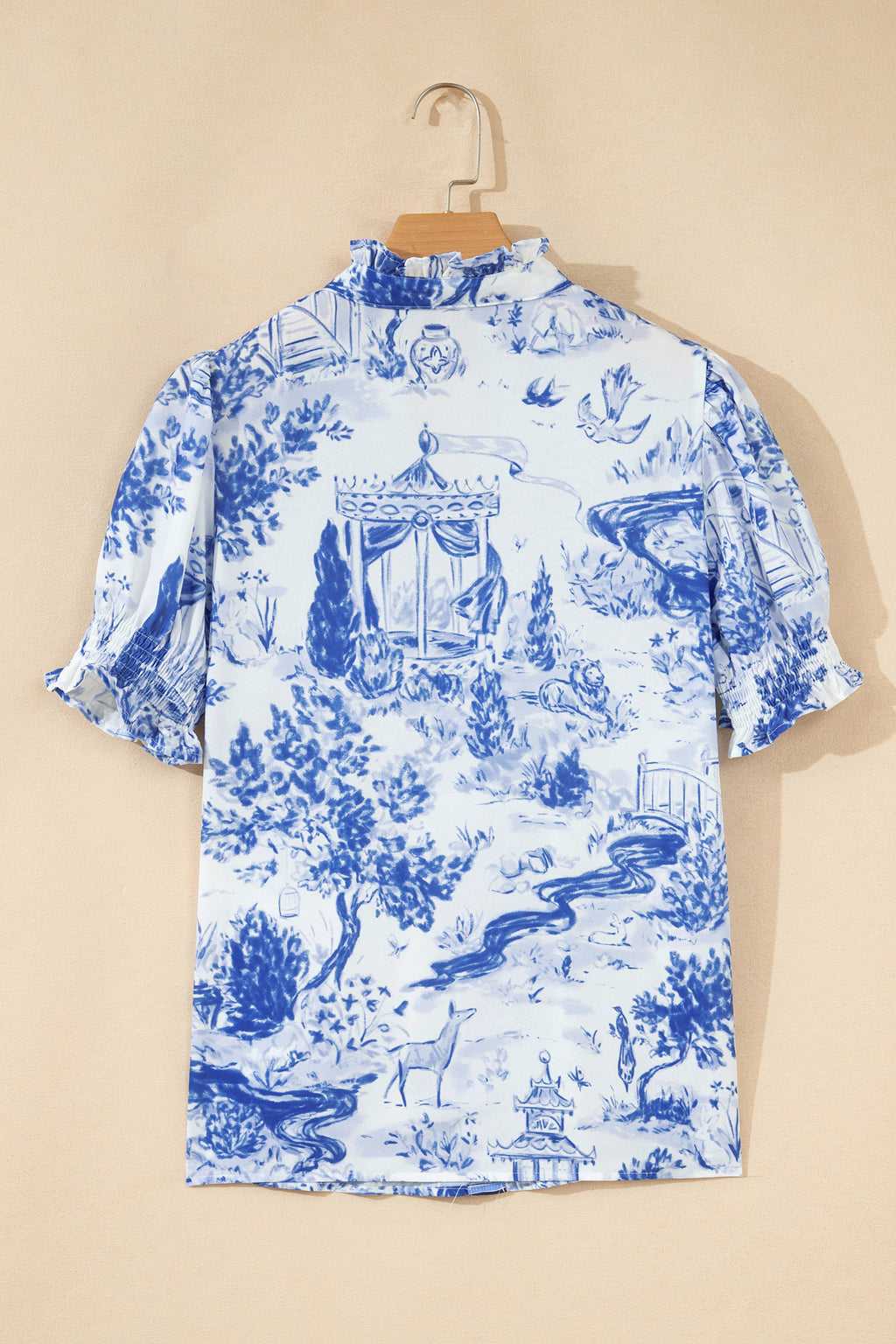 Blue Wild Animal Print Blouse Striped Detail V Neck Short Sleeve Women S-XL