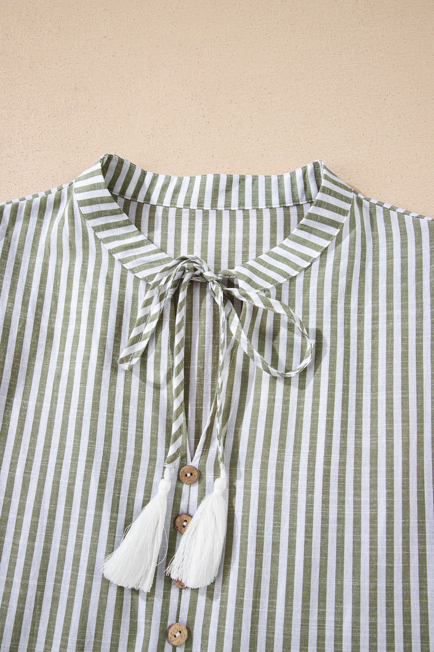 Green Stripe Tiered Dress Tasseled Tie Neck Ruffled Short Sleeve Women S-XL