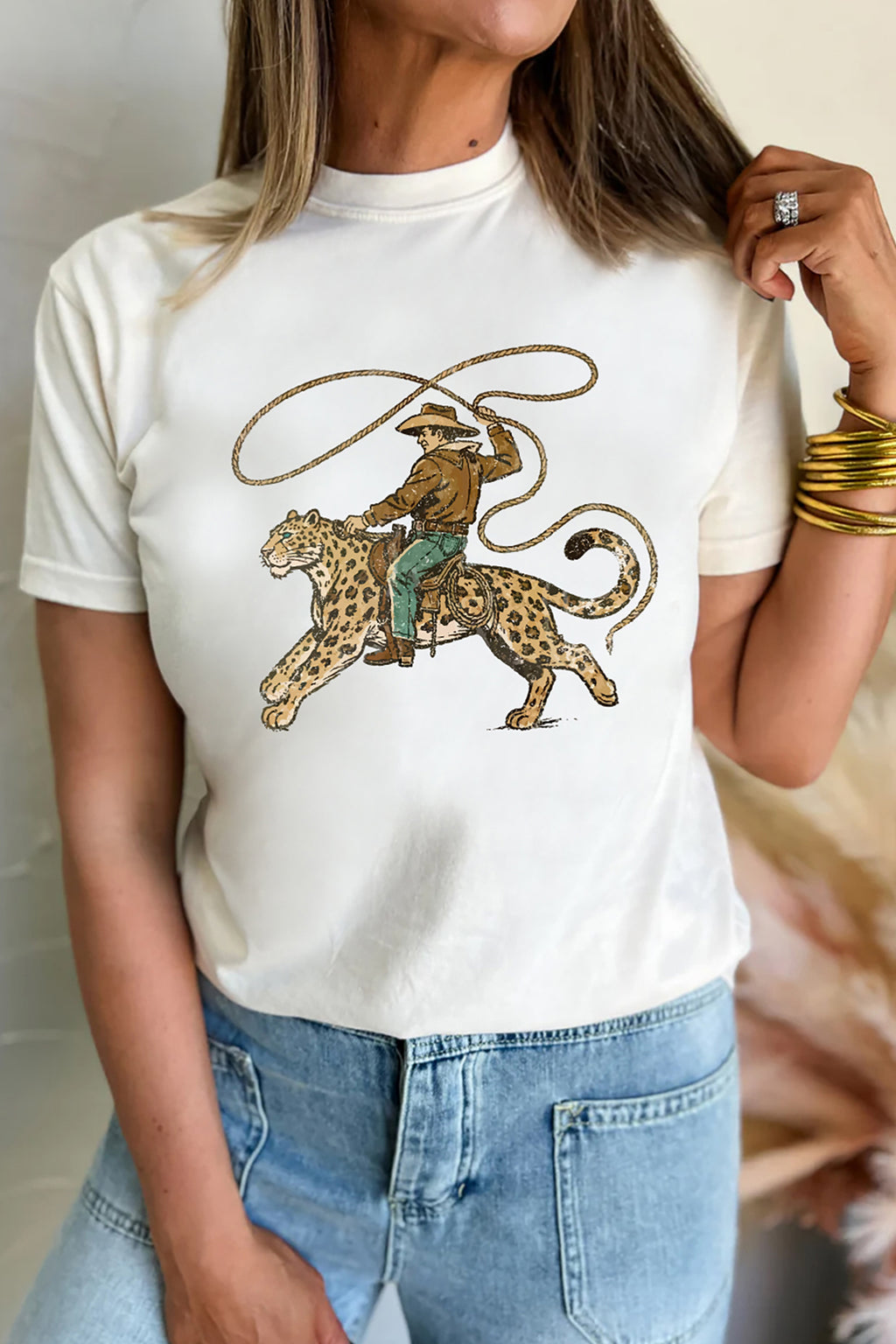 Women's White Cowboy Leopard Graphic Tee | Casual Western Top S-3XL at LivelyLooks