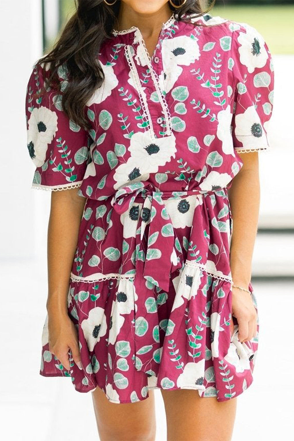 Red Floral Print Trimmed Short Puff Sleeve Belted Mini Dress | UK 8–22
