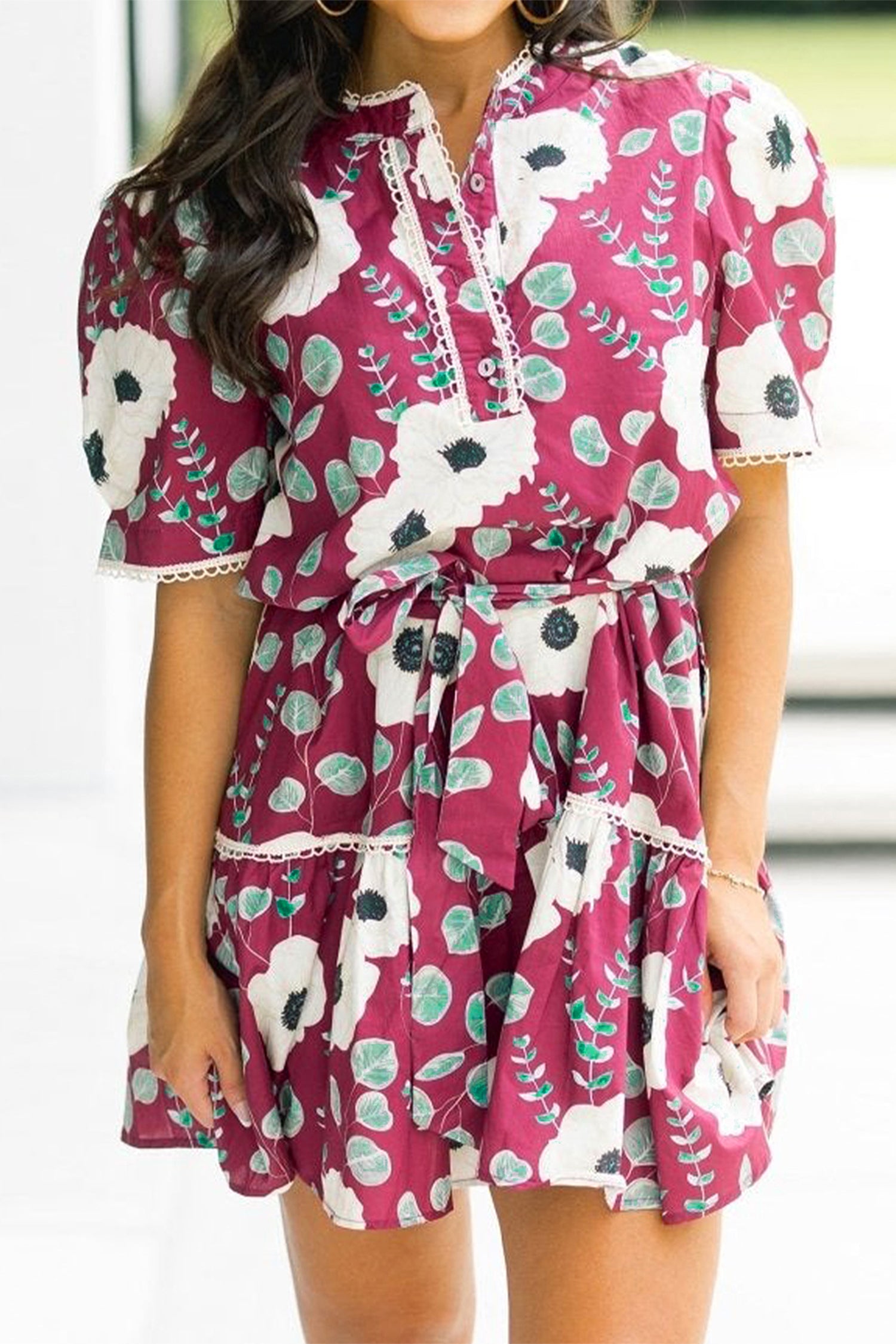 Red Floral Print Trimmed Short Puff Sleeve Belted Mini Dress | UK 8–22